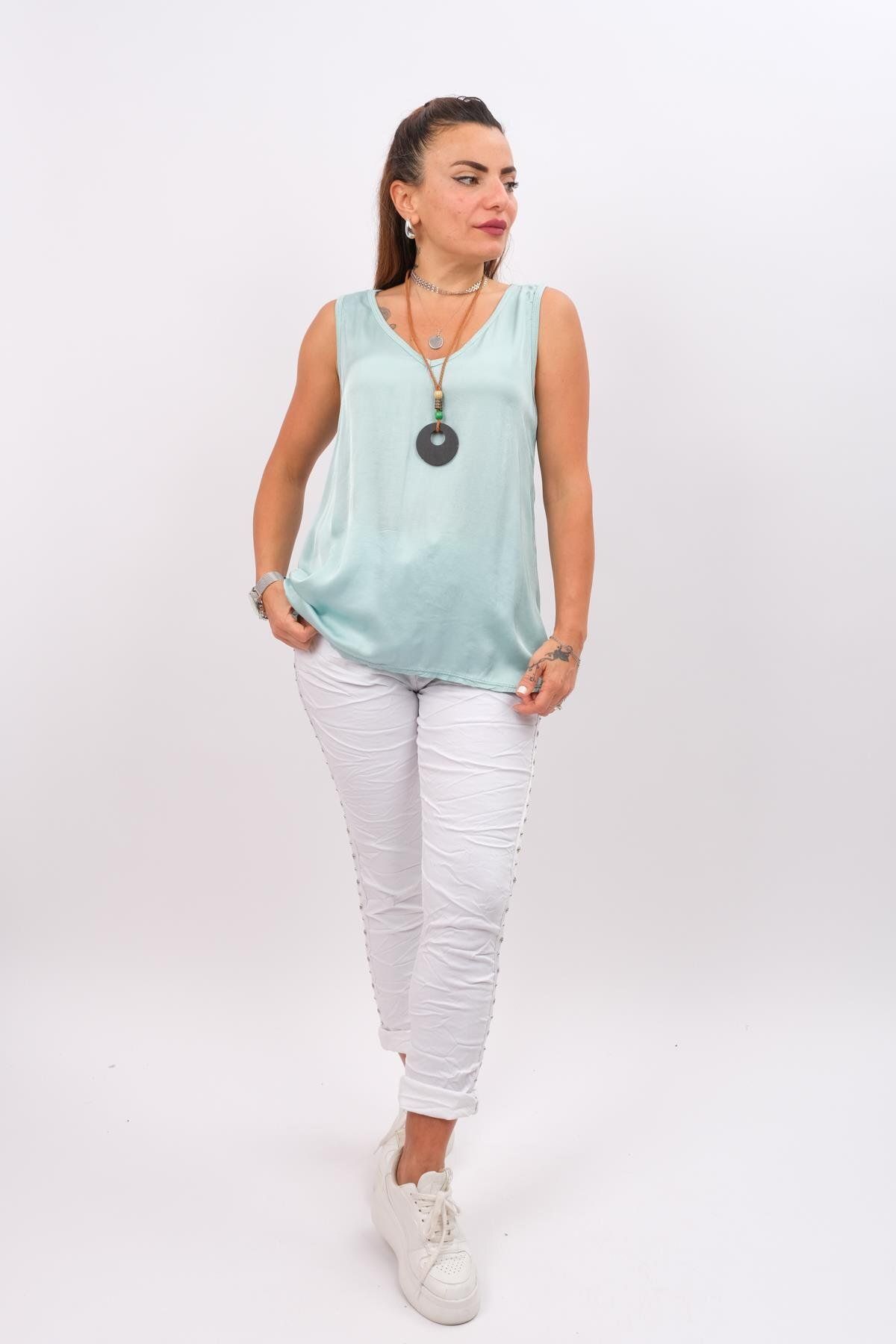 Modalook-Mint Colored Satin V-Neck Sleeveless Blouse 5