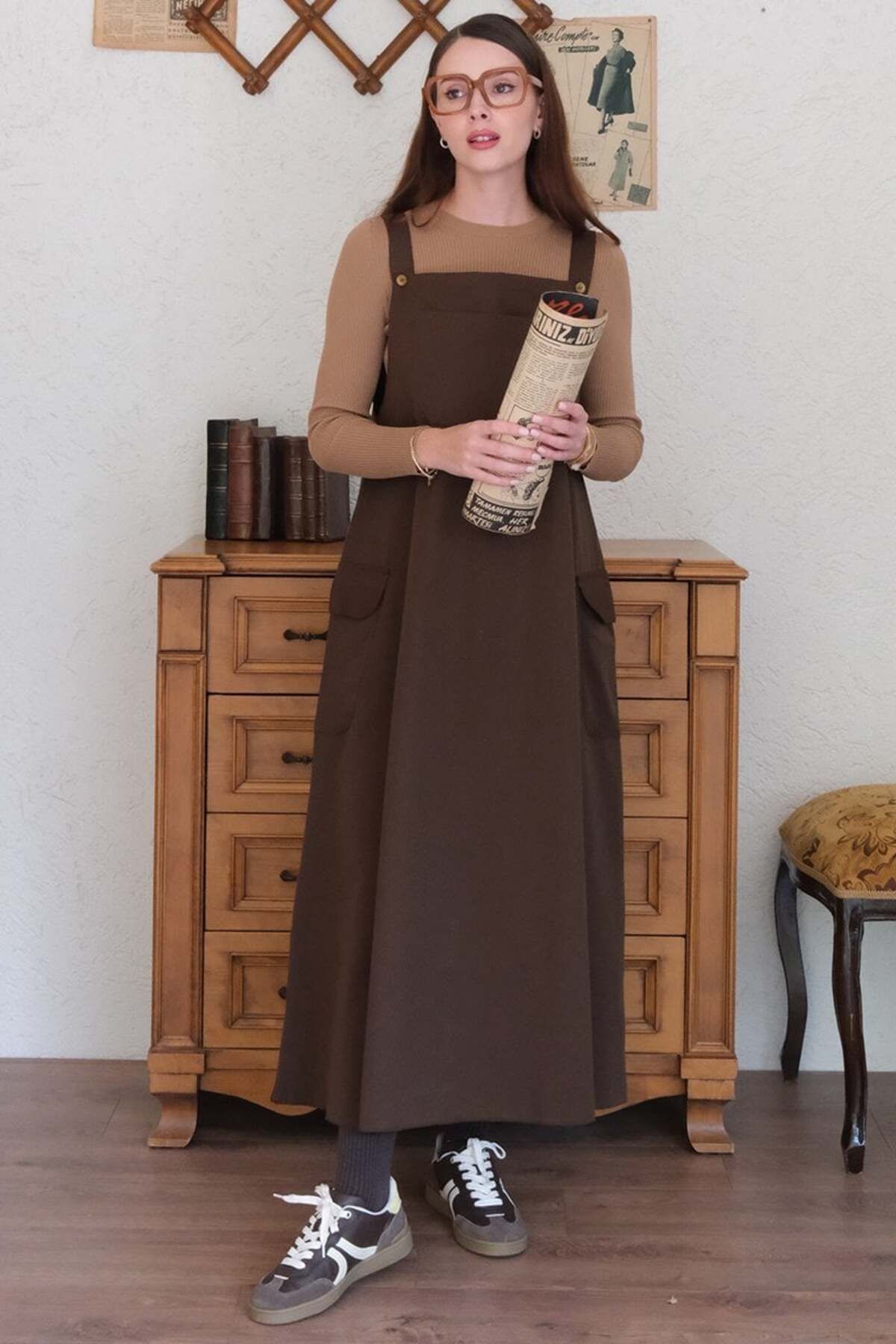 Ceylan Otantik-Chocolate Linen Skirt Salopet 4