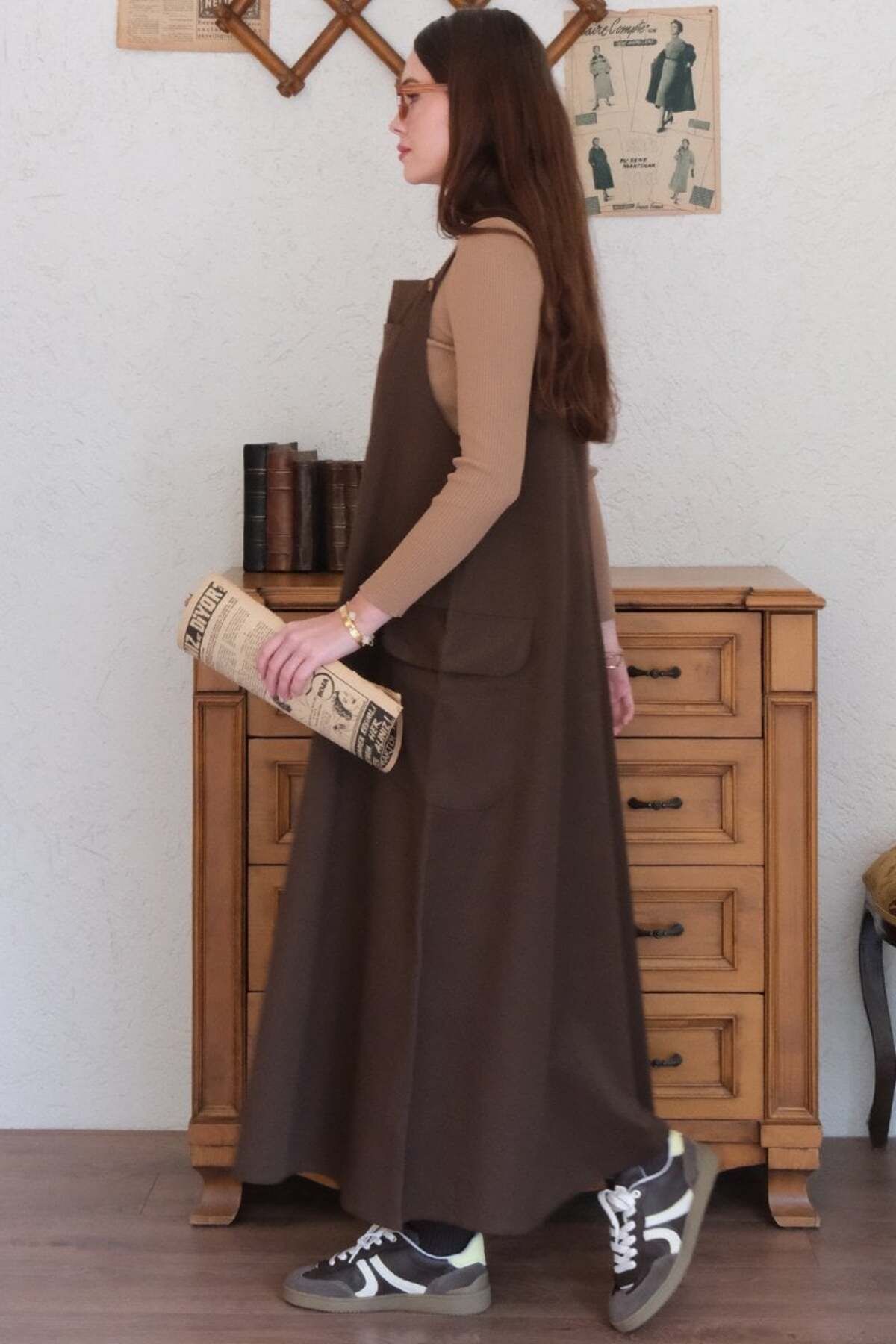 Ceylan Otantik-Chocolate Linen Skirt Salopet 7