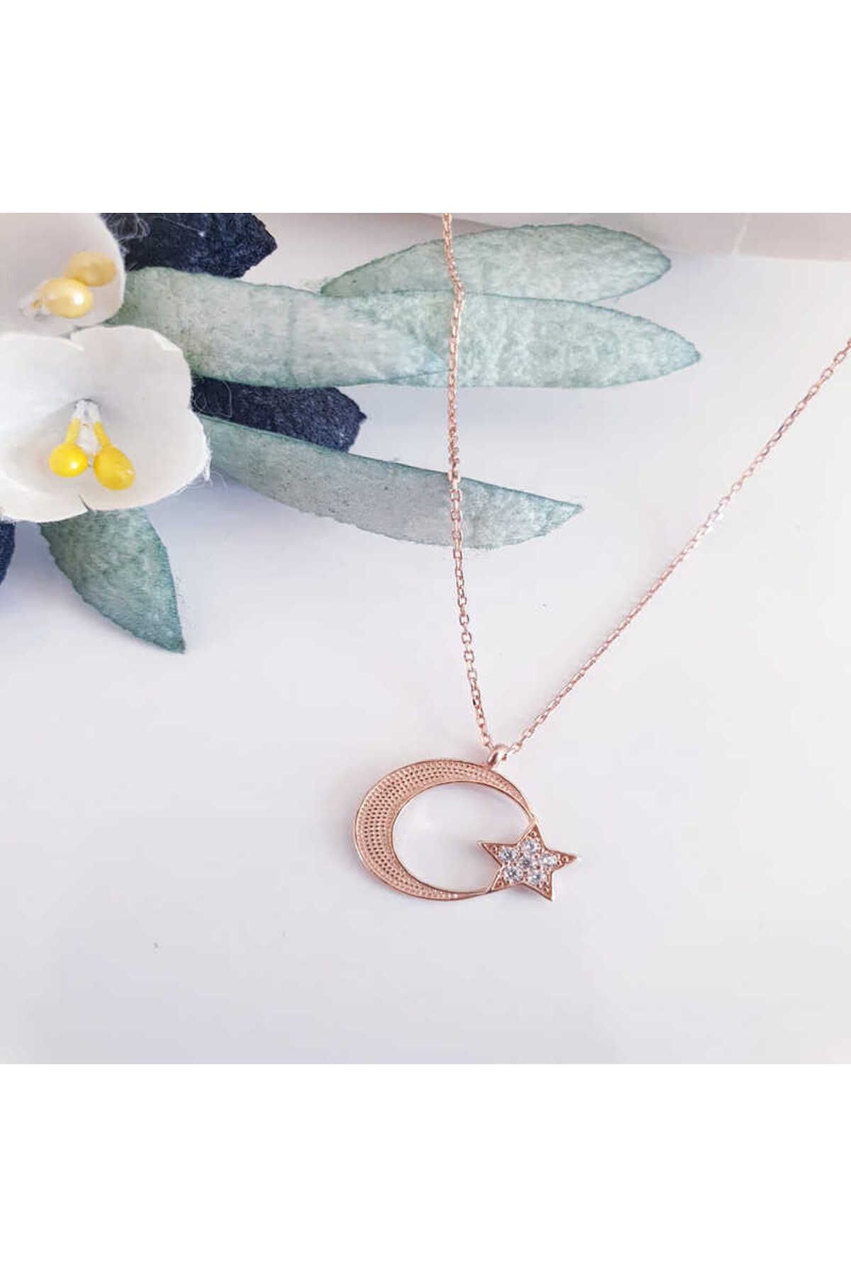 SANSERA 925 Ayar Gümüş Rose Ay Yıldız Kadın Kolye