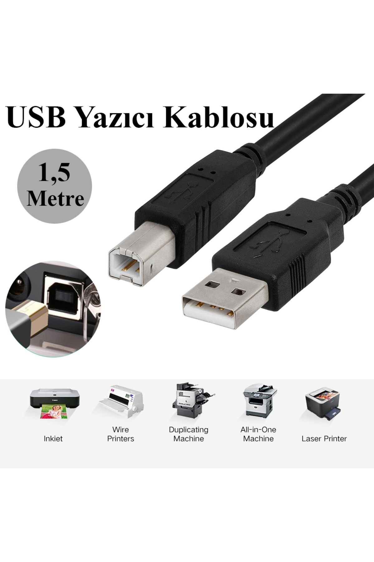 Derwell 1.5 Metre Usb Yüksek Hızlı 2.0 A-b Erkek Kablosu Canon Brother Samsung Hp Epson Yazıcı Kablosu