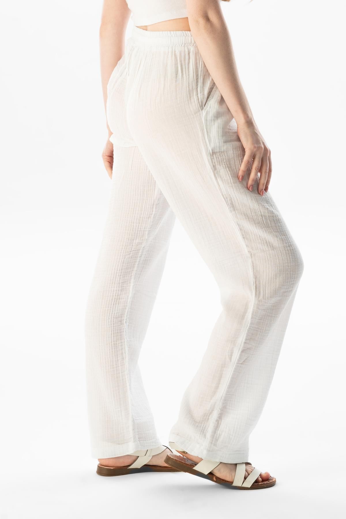 Eliş Şile Bezi-Γυναικείο καλοκαιρινό παντελόνι Muslin Waist Laced Double Pocket White Byz 6