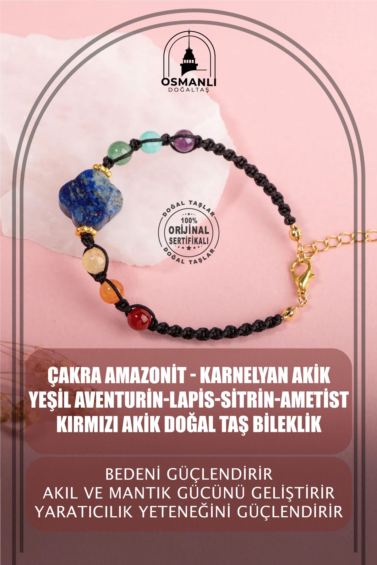 OSMANLI DOĞAL TAŞ-Chakra Amazonite Karnelyan Agate-green Aventurine-lapis-citrine-amethyst-red Agate Natural Stone Bracelet 1