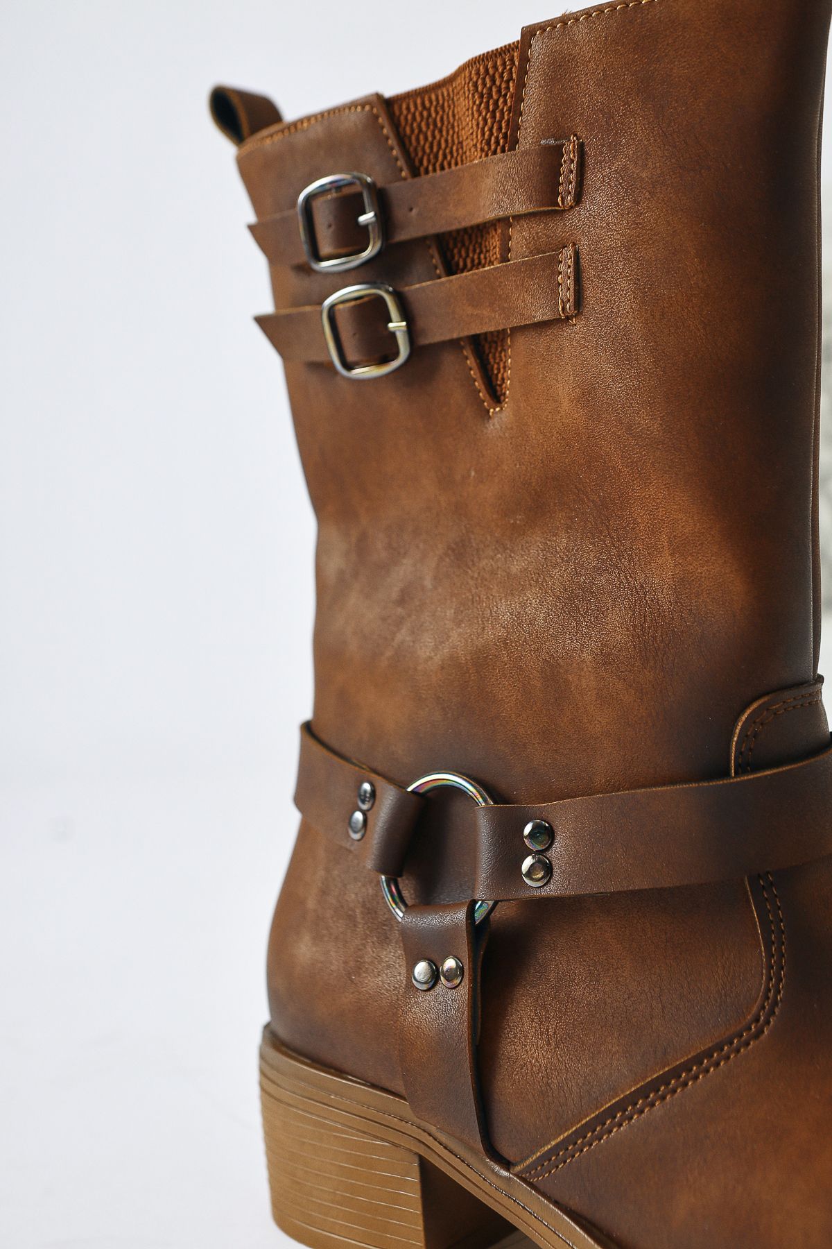 Limoya-Maggie Tan Buckle Detailed Elastic Long Pull-On Boots 5