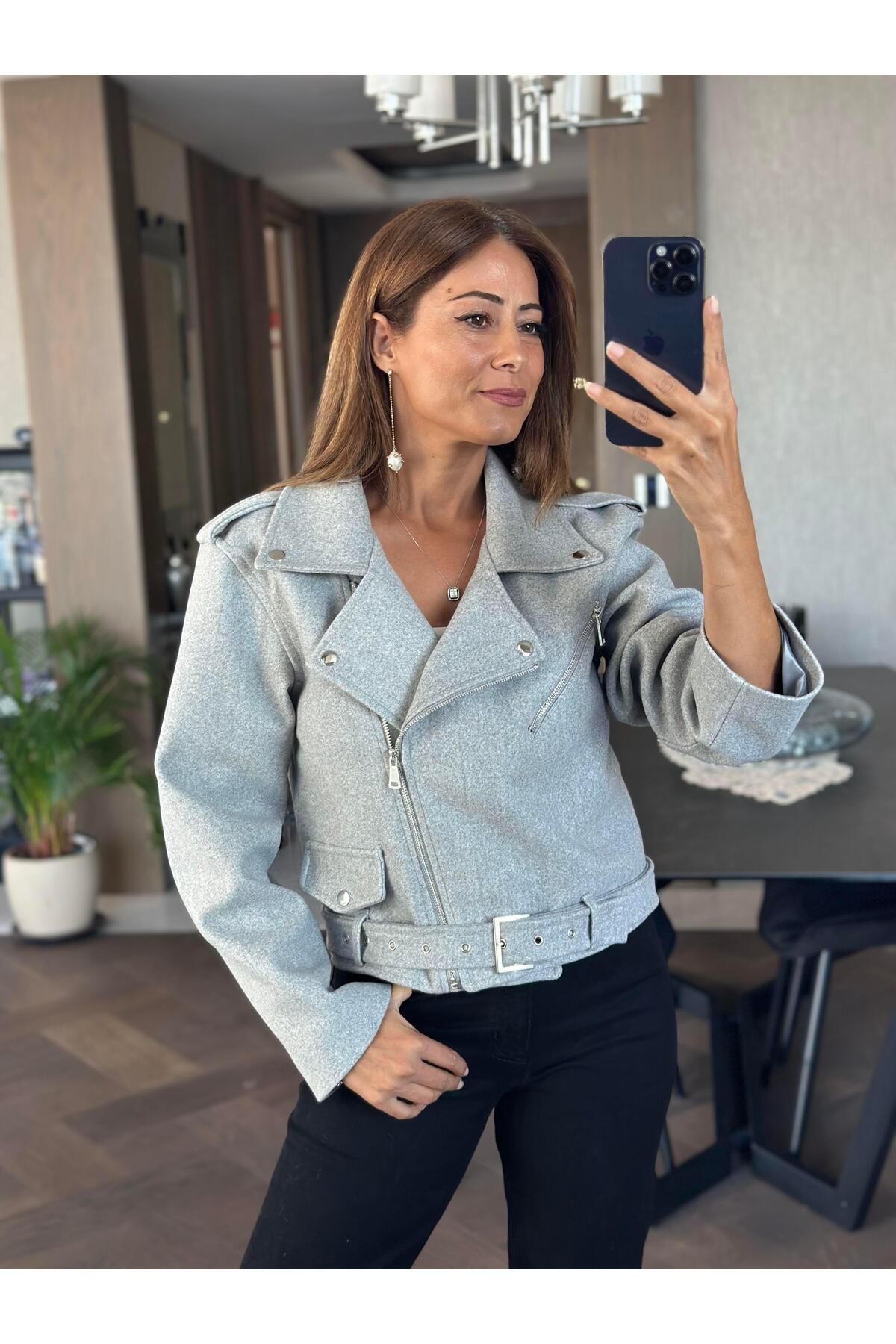 Forlady Butik Gri Fermuarlı Motorcu Kısa Kadın Kaşe Ceket