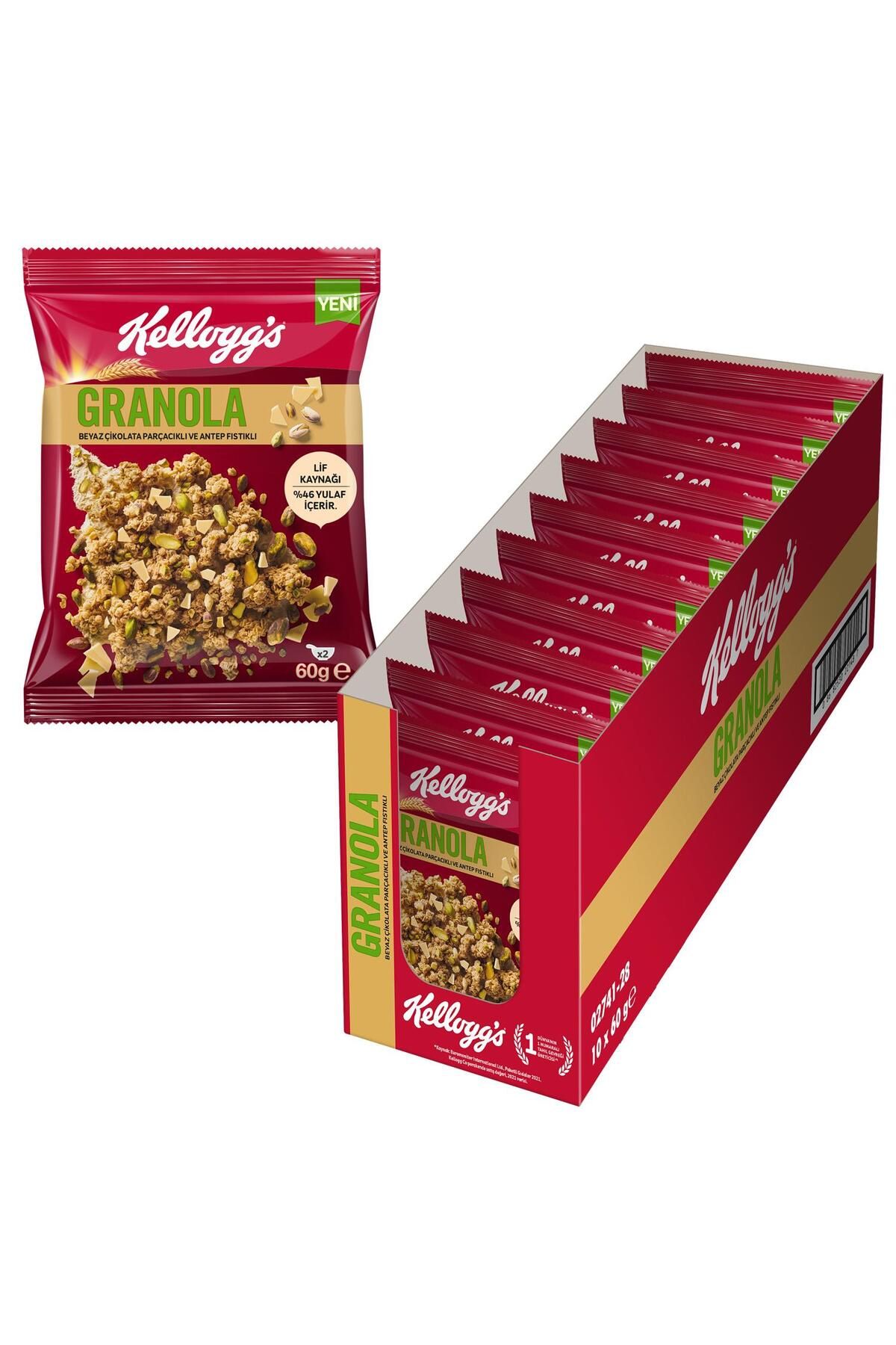 Kellogg's Beyaz Çikolata Parçacıklı&antep Fıstıklı Granola 60gr X10adet,%46 Yulaf Içerir,lif Kaynağı