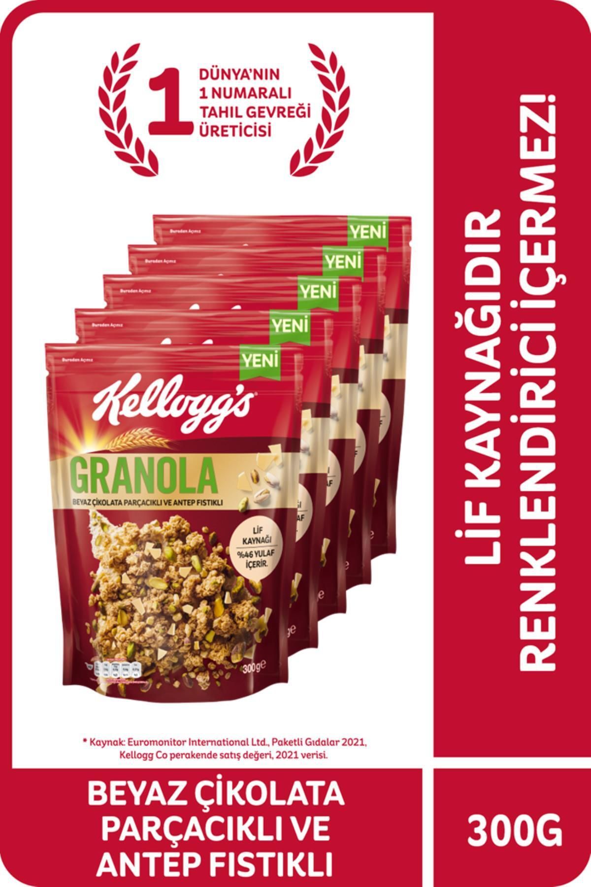 Kellogg's Granola Beyaz Çikolata Parçacıklı&antep Fıstıklı 300gr X 5 Adet, %46 Yulaf Içerir, Lif Kay