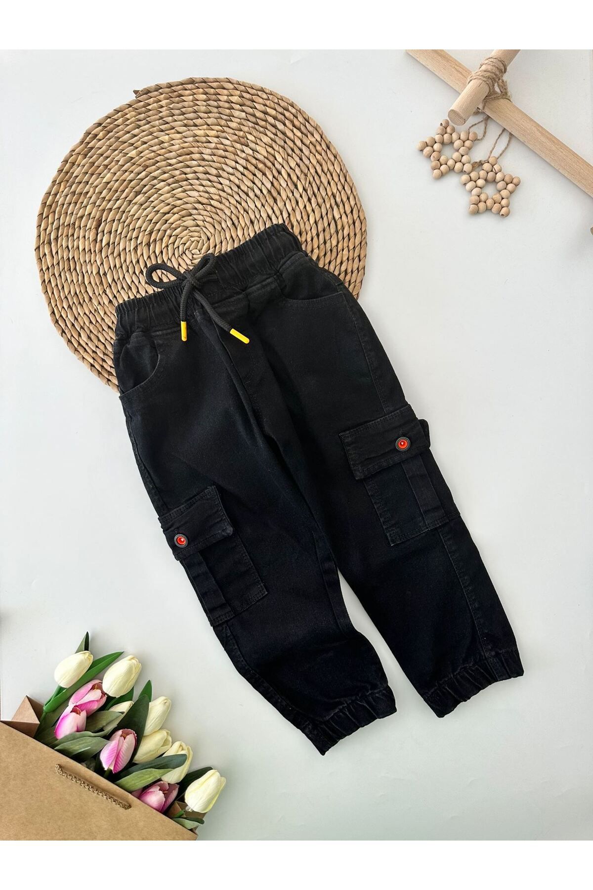 Minigimin Cicileri-Girl's Black Jeans - My Little One's Lulls, Cargo Pocket and Elastic 1