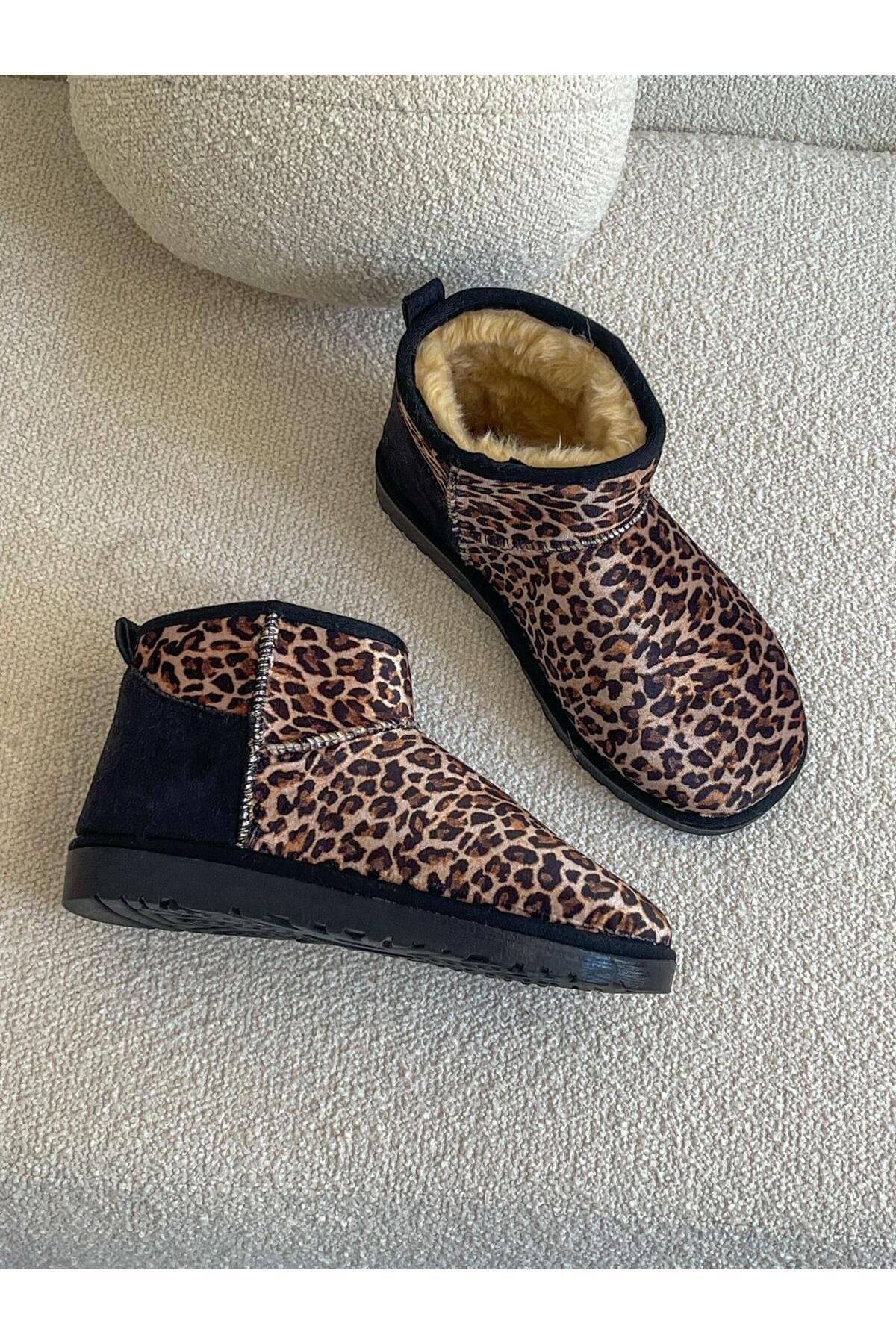 ERVANIN BUTİĞİ Siyah Leoparlı Kar Botu (Mini) Kadın Bot