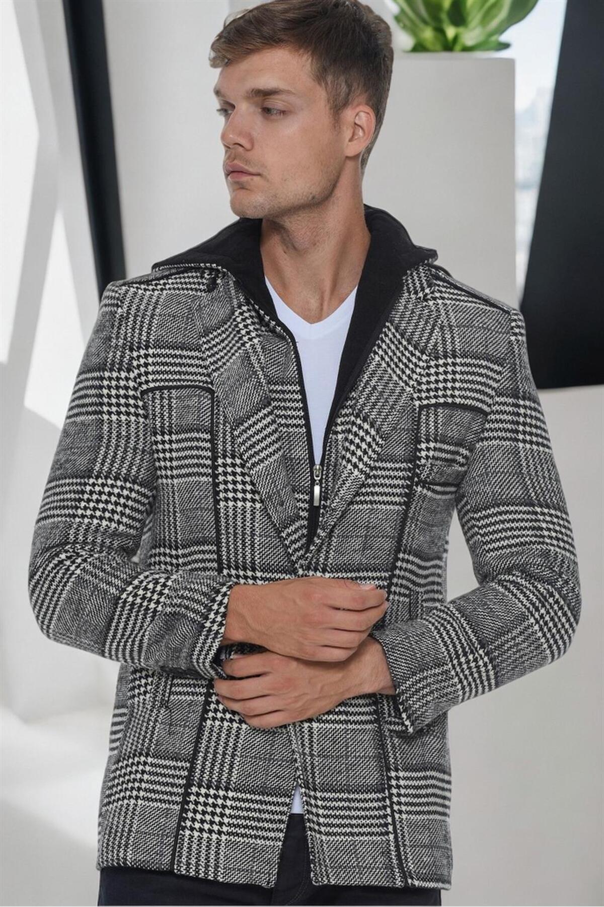 دوبری کت مردانه K7535 - مشکی روشن چهارخانه