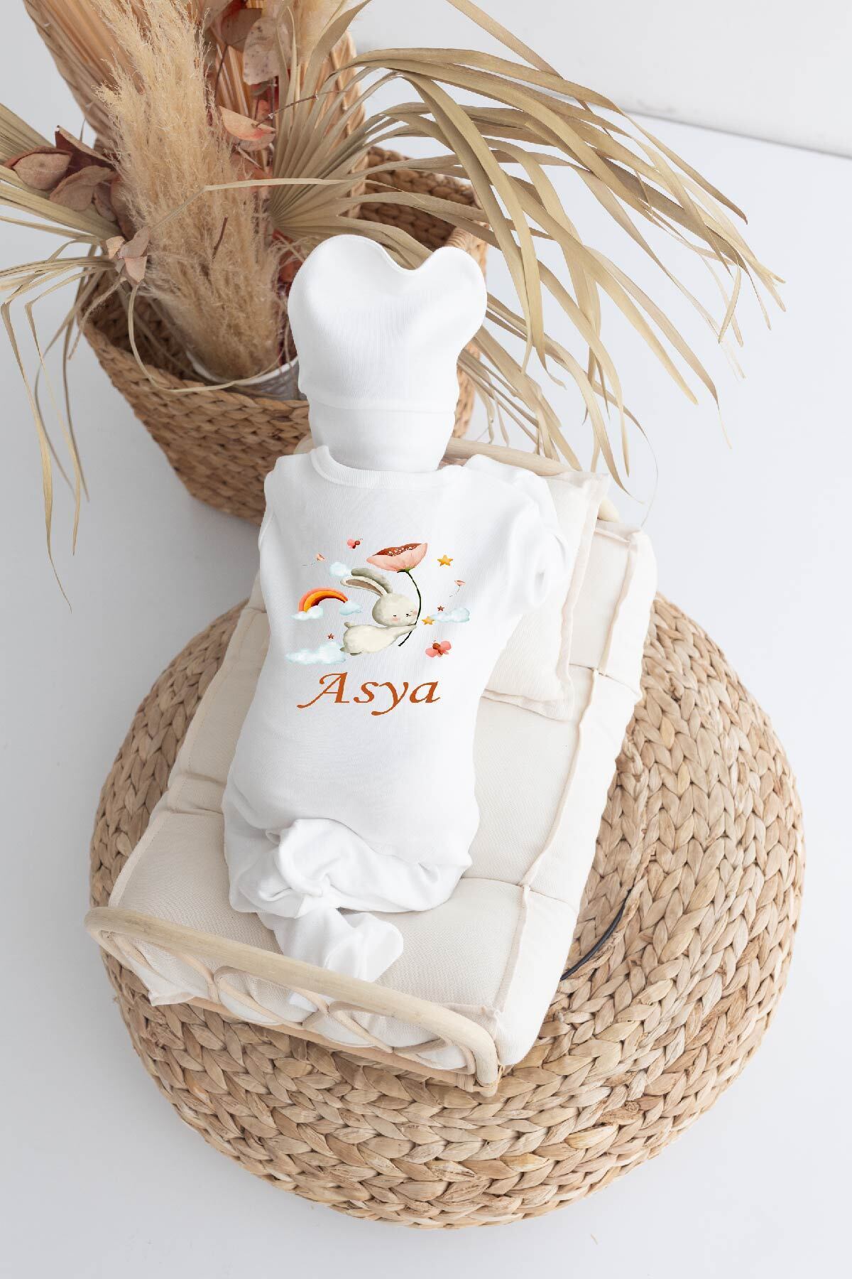 Bebe wini %100 Pamuk Baskılı 11’li İsimli Hastane Çıkışı MN67-TAVŞAN UÇAN ÇİÇEKLİ fotoğrafı 3 (önizleme)