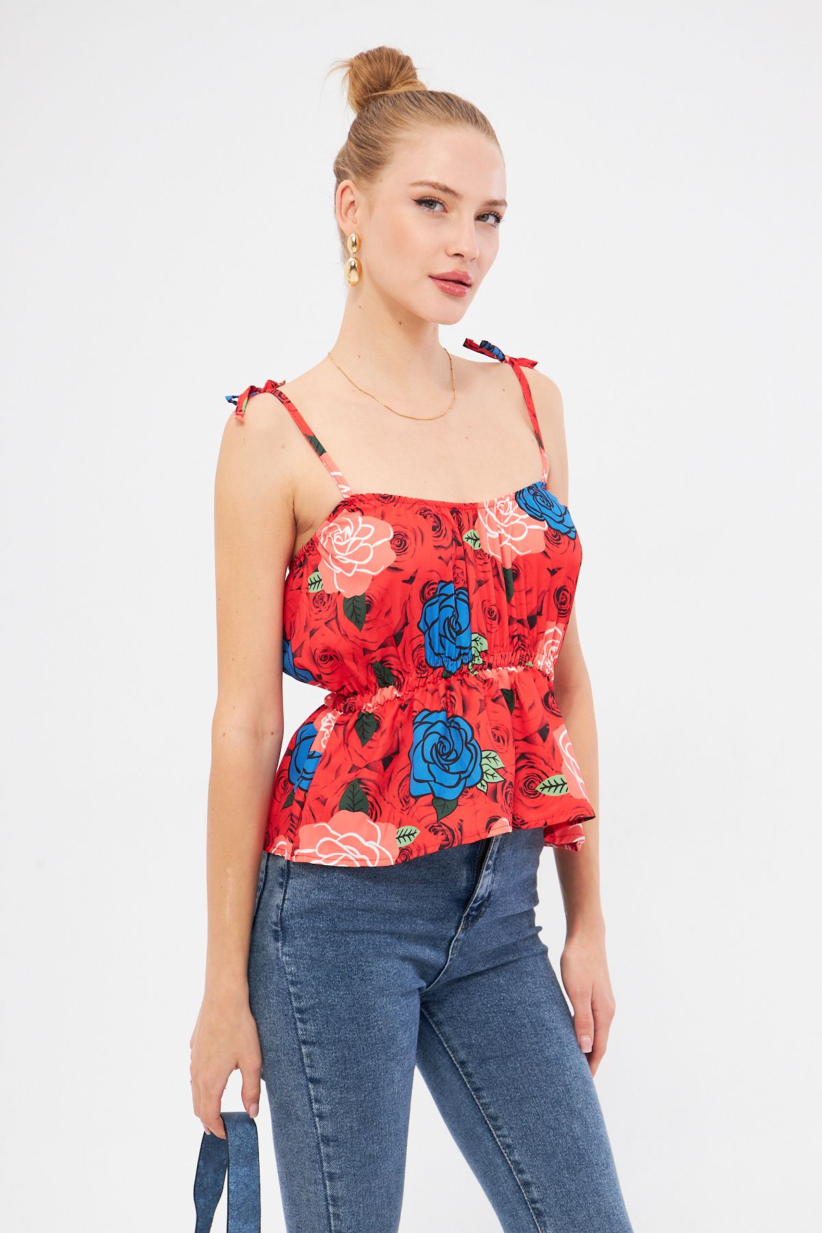 armonika-Red Patterned Women's Crop Blouse - Strapless with Rubber Waist and Tie Detail Arm-24Y 001116 1