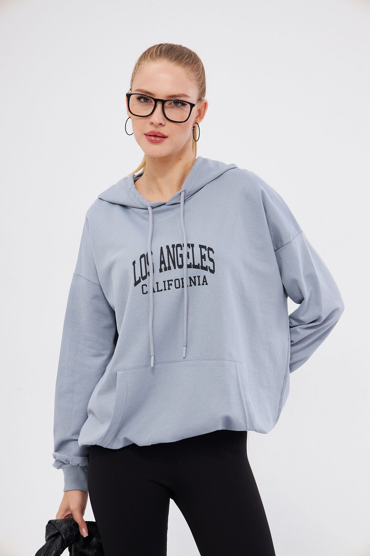 armonika-Los Angeles Printed Gray Oversize Hooded Women's Sweatshirt - Arm-25K 001026 2