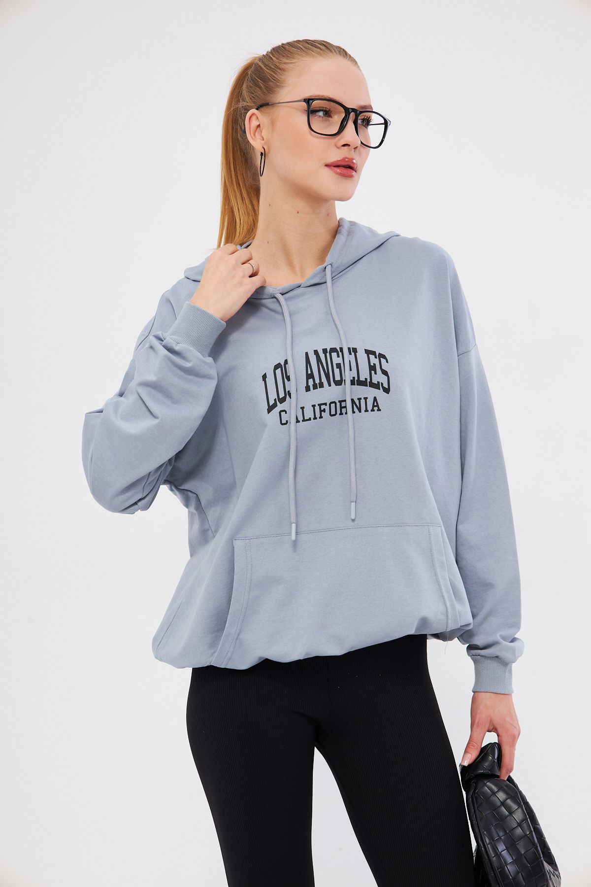 armonika-Los Angeles Printed Gray Oversize Hooded Women's Sweatshirt - Arm-25K 001026 3