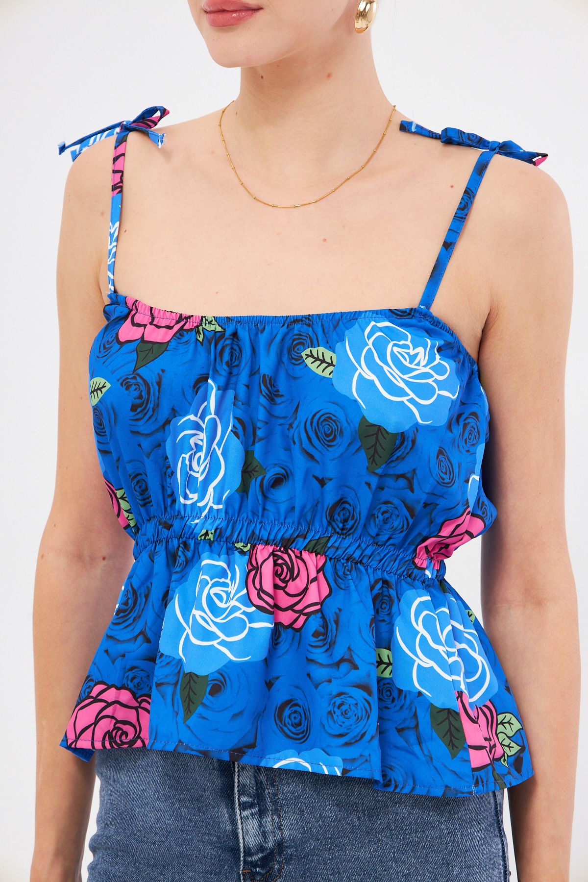 armonika-Saks Patterned Strapless Crop Blouse - with Elastic Waist and Tie Detail Arm-24Y 001116 2