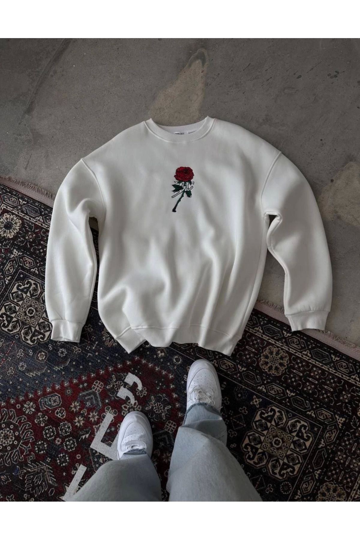 Pink Stil Unisex Bisiklet Yaka Ön Ve Arka Baskılı SweatShirt - Beyaz Pink Stil