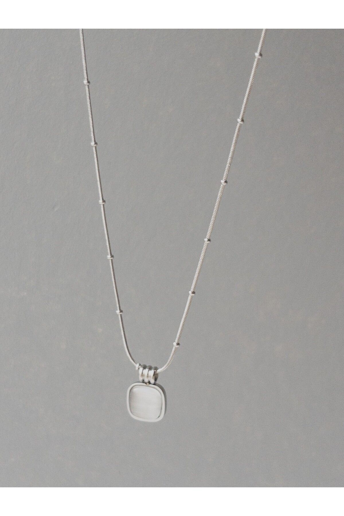 Siya Silver-Non-Tarnish Steel White Pearlescent Enamel Square Necklace 4