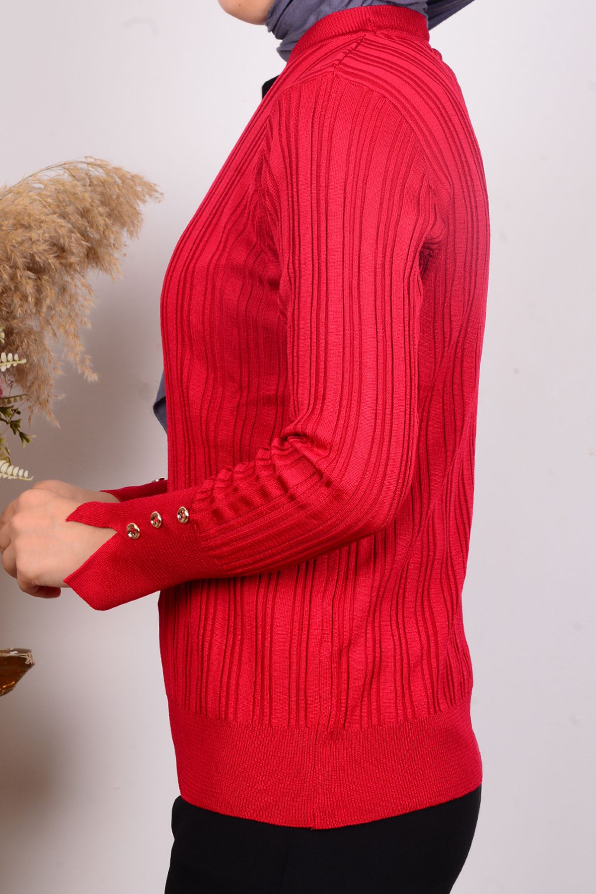 Armine-24Ktd301 Red Women's - Striped Knitwear Blouse with Crew Neck and Button Detail 2