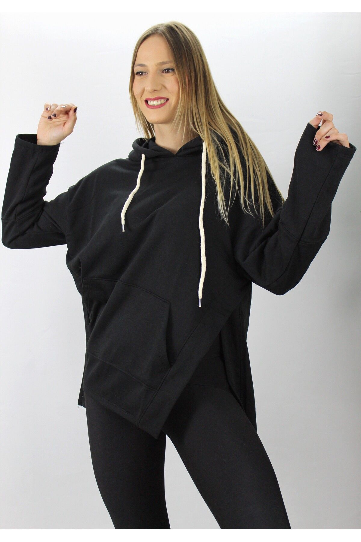 PİNK STAR Kapşonlu Yan Yırtmaçlı Sweat Siyah - 21R1178