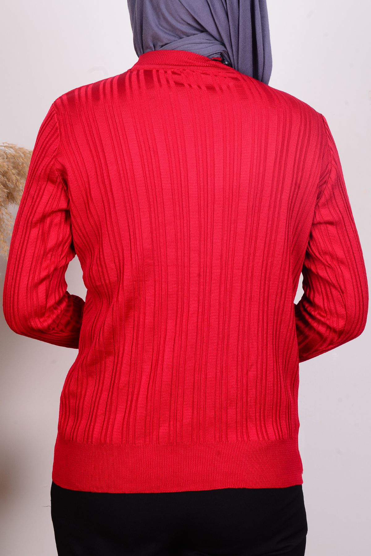 Armine-24Ktd301 Red Women's - Striped Knitwear Blouse with Crew Neck and Button Detail 3