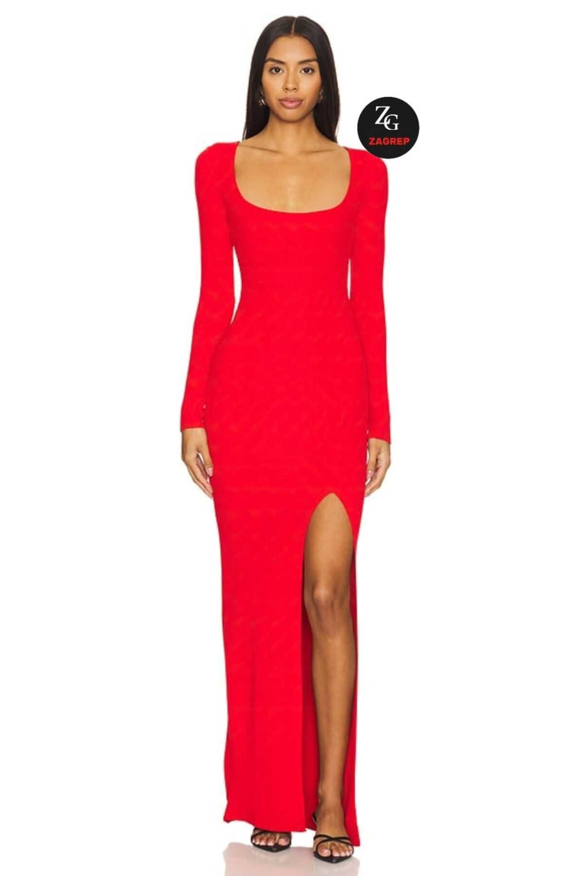 Zagrep-Women's Red Slit Oval Collar Lined Non-Showing Maxi Dress 1