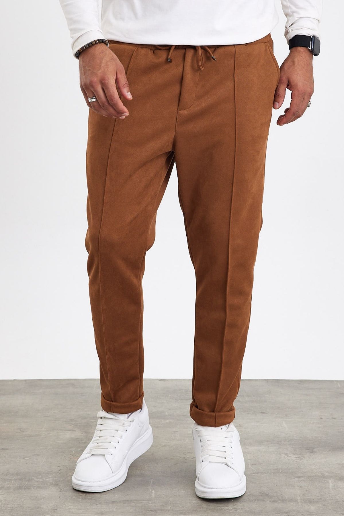 MADZEYMODA-New Season Men's Suede Double Leg Grass Detailed Cinnamon Color Trousers Mz22036 5