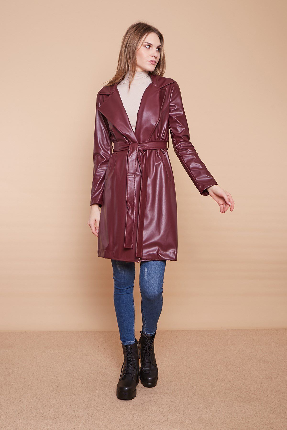 Jument-Belted Ecological Faux Leather Long Below Knee Sports Jacket Trench Coat-burgundy 1