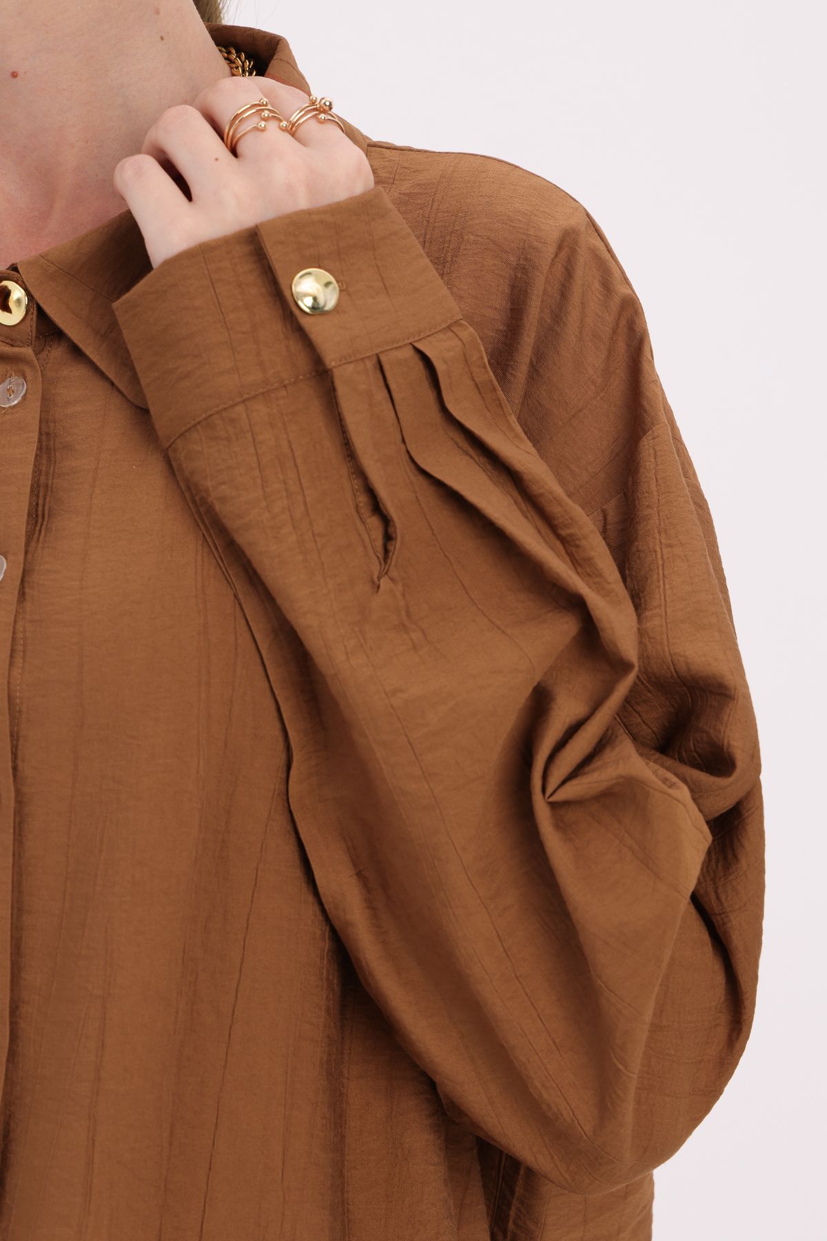 ALLDAY-Brown Large Size Stylish Buttoned Shirt with Cuff Detail 5