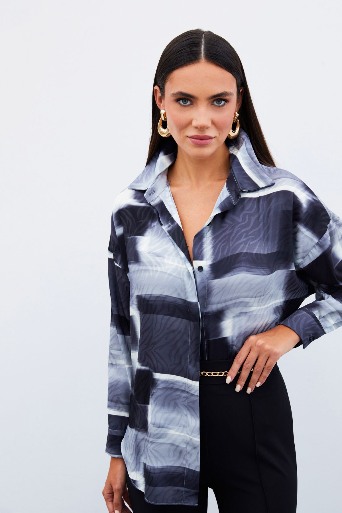 Sateen-Patterned Long Shirt - BLACK 5