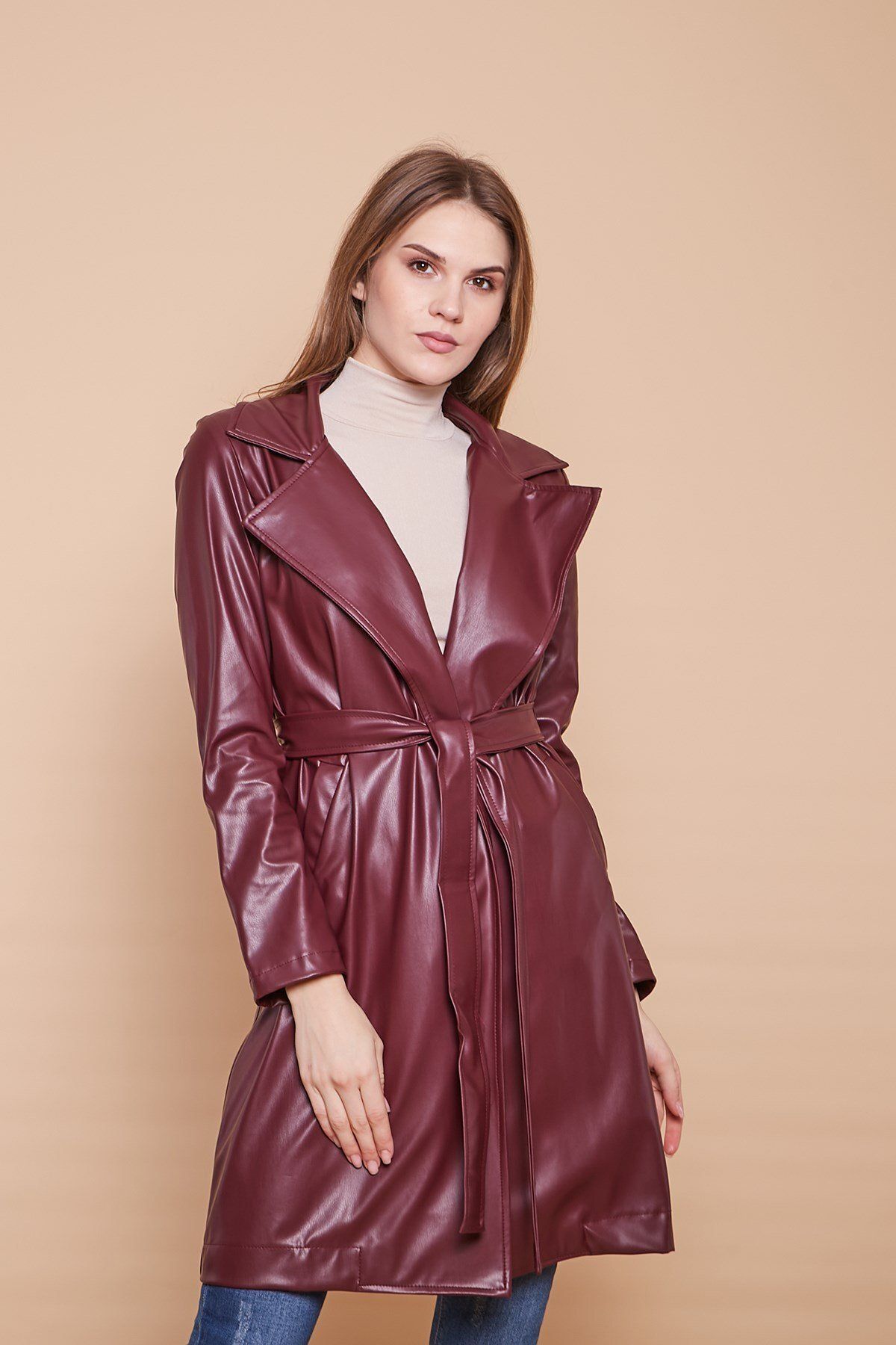 Jument-Belted Ecological Faux Leather Long Below Knee Sports Jacket Trench Coat-burgundy 4