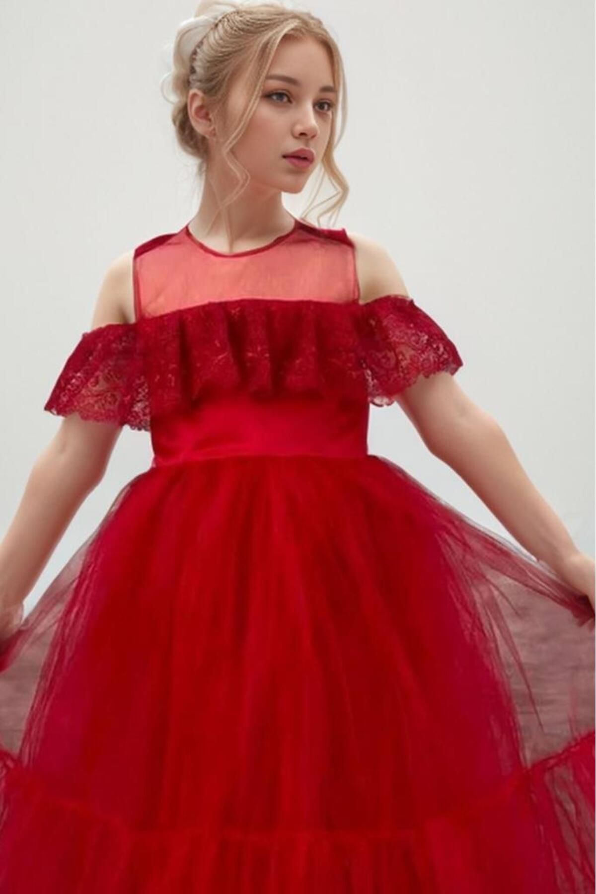 Riccotarz-Girl's Red Evening Dress with Transparent Collar, Off-the-Shoulder, and Guipure Embroidered Sleeves 7