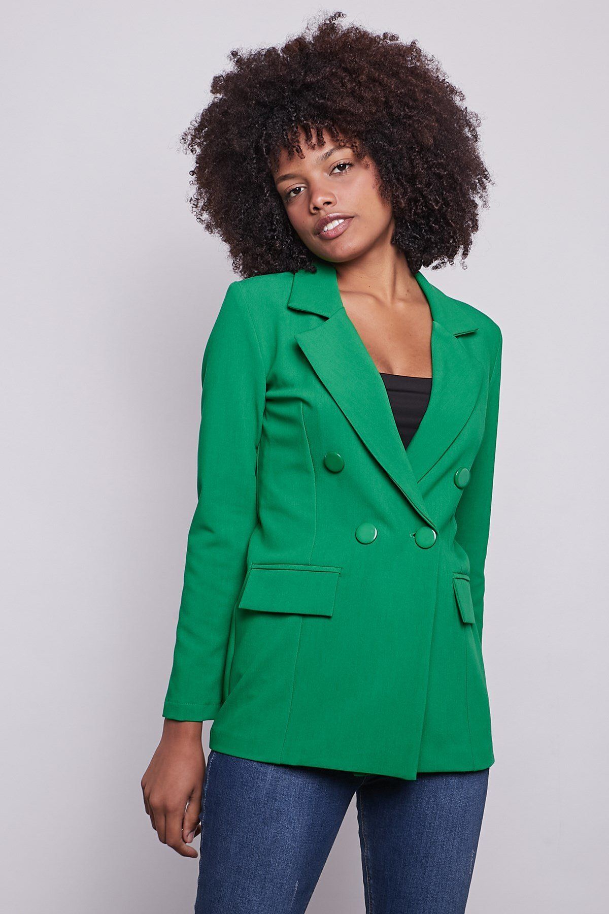 Jument-Women's Button Detailed Long Sleeve Stylish Office Ornament Pocket Flap Fabric Blazer Jacket - Benetton Green 4