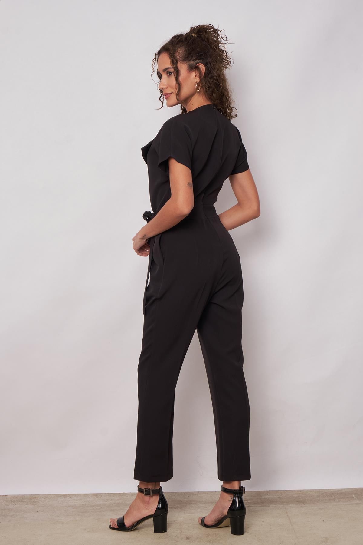Jument-Shawl Collar Off-Shoulder Lace-Up Ankle Length Jumpsuit - black 3