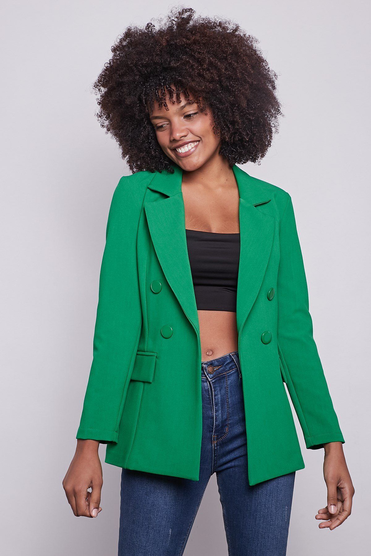 Jument-Women's Button Detailed Long Sleeve Stylish Office Ornament Pocket Flap Fabric Blazer Jacket - Benetton Green 3