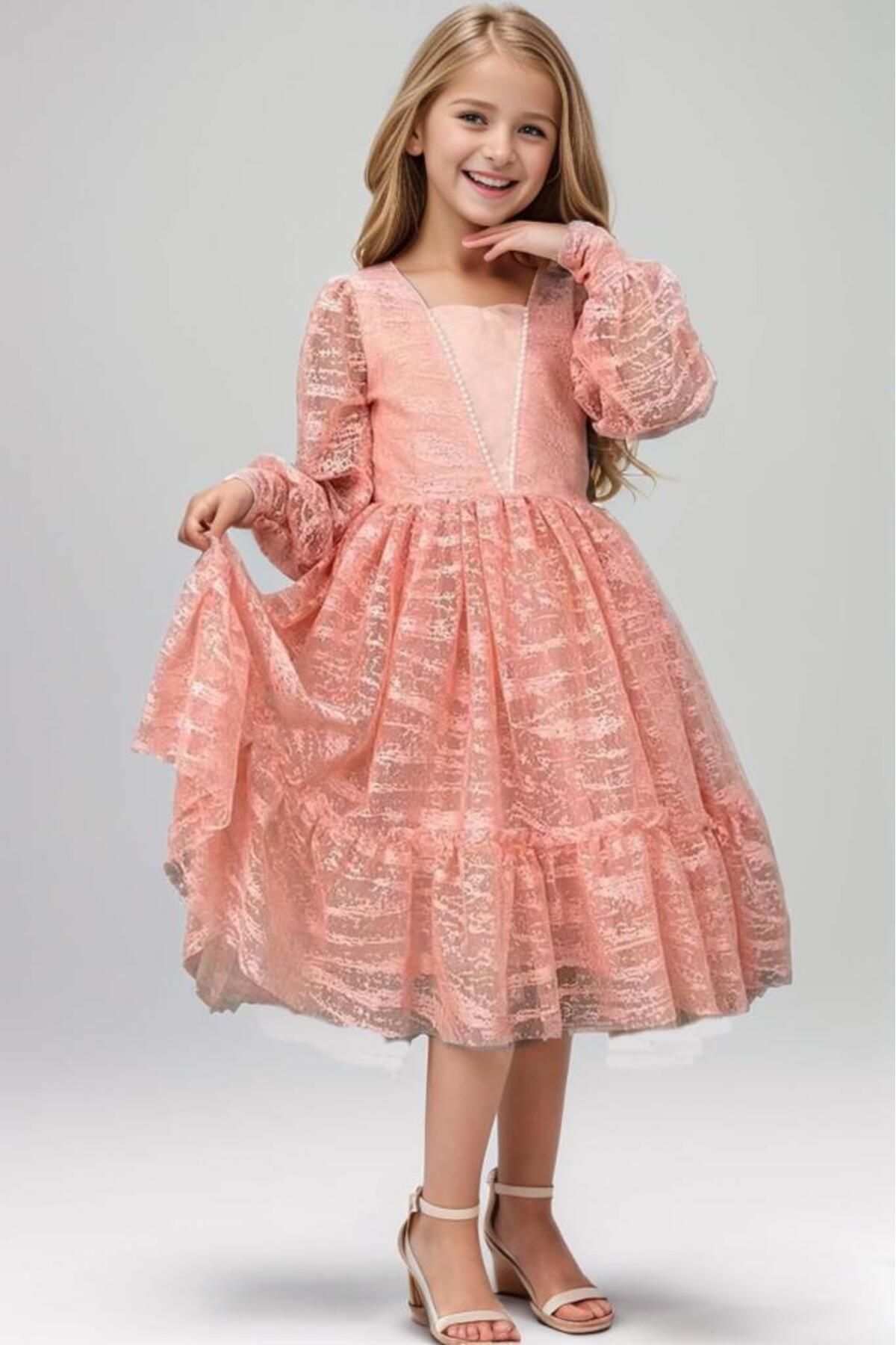 Riccotarz-Girl's Salmon Evening Dress with Transparent Sleeves, Pearl Beaded Neck and Ruffled Hem 6