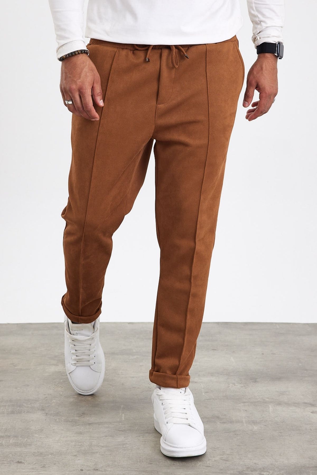 MADZEYMODA-New Season Men's Suede Double Leg Grass Detailed Cinnamon Color Trousers Mz22036 8