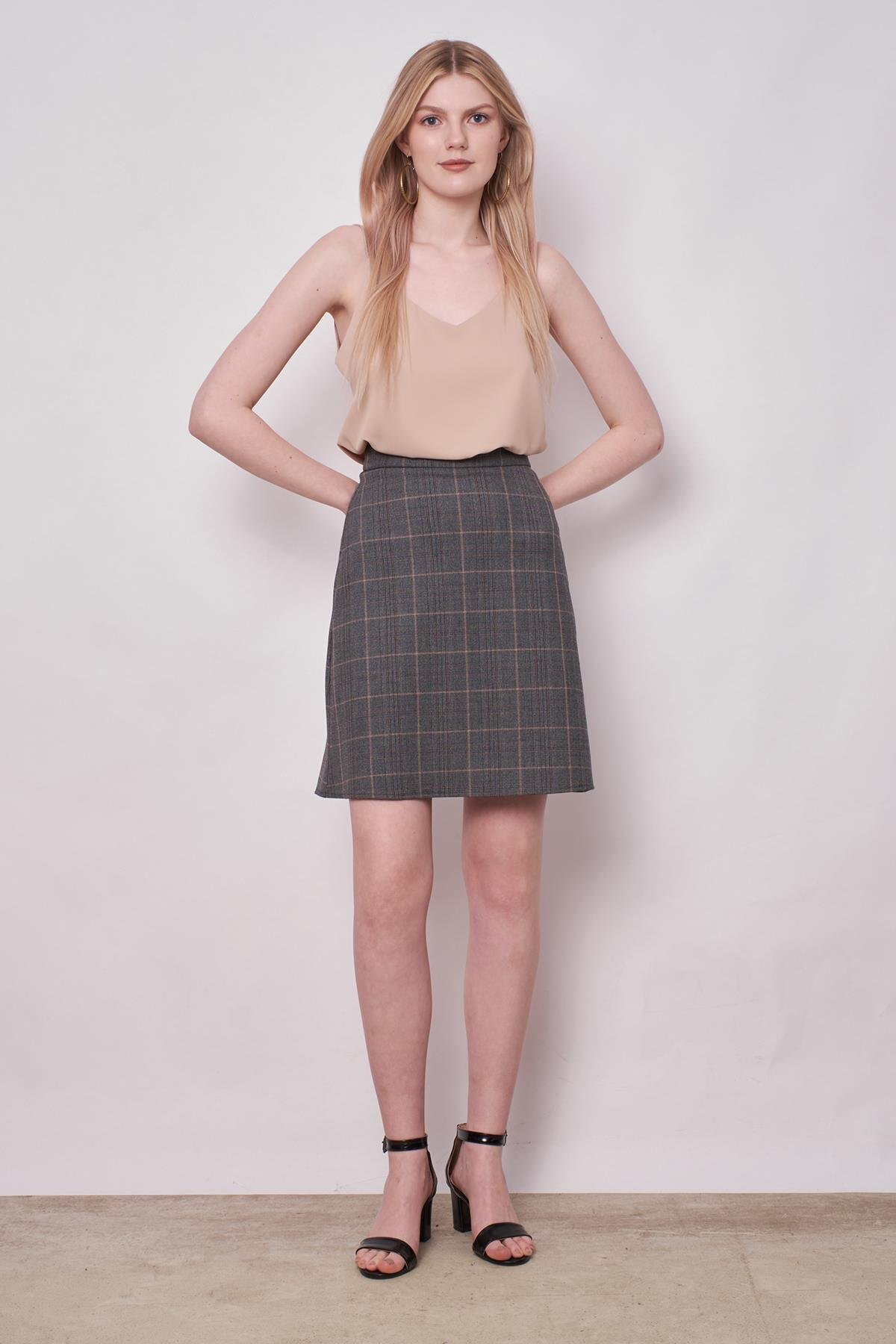 Women's Lightweight Lycra Fabric Plaid High Waist Knee Length Bell Skirt-Anthracite Plaid