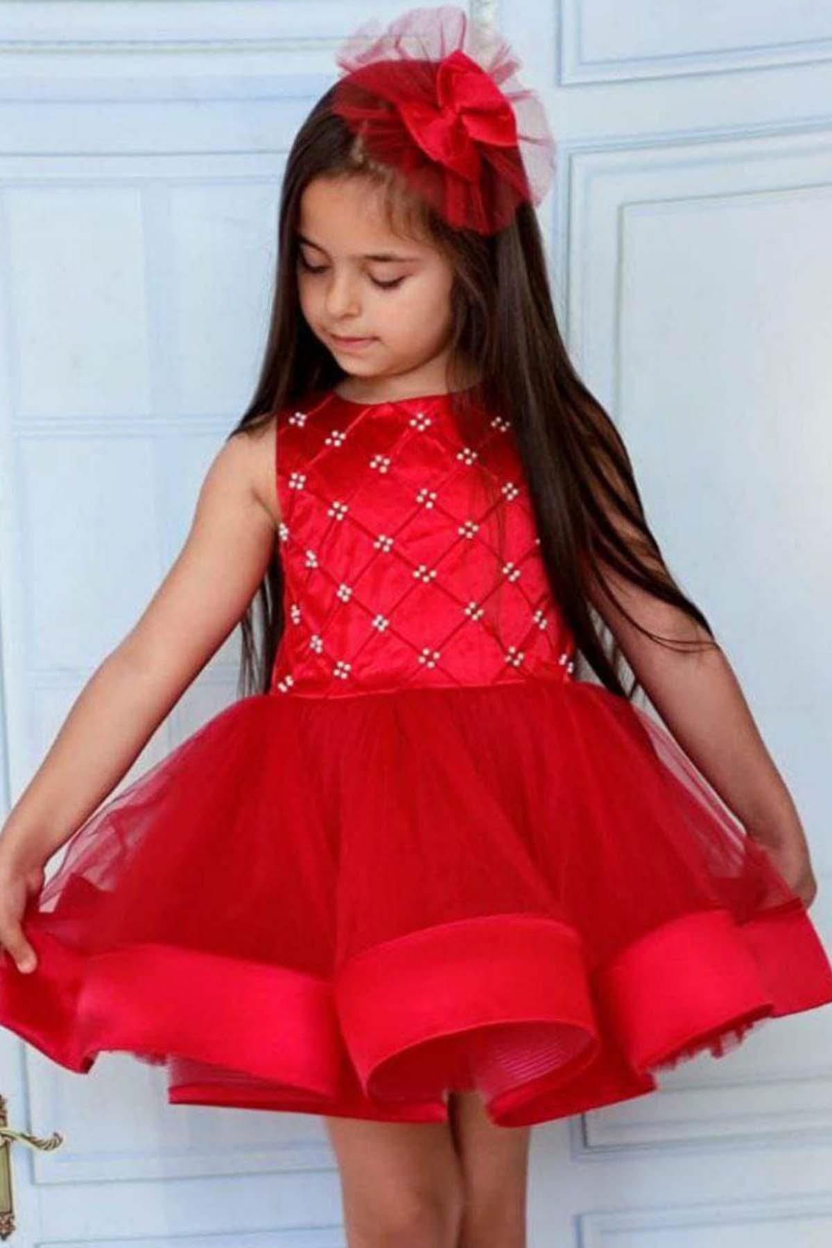 Riccotarz-Girl's Red Evening Dress with Pearl Beads and Skirt Tip Ribbon Detail 3