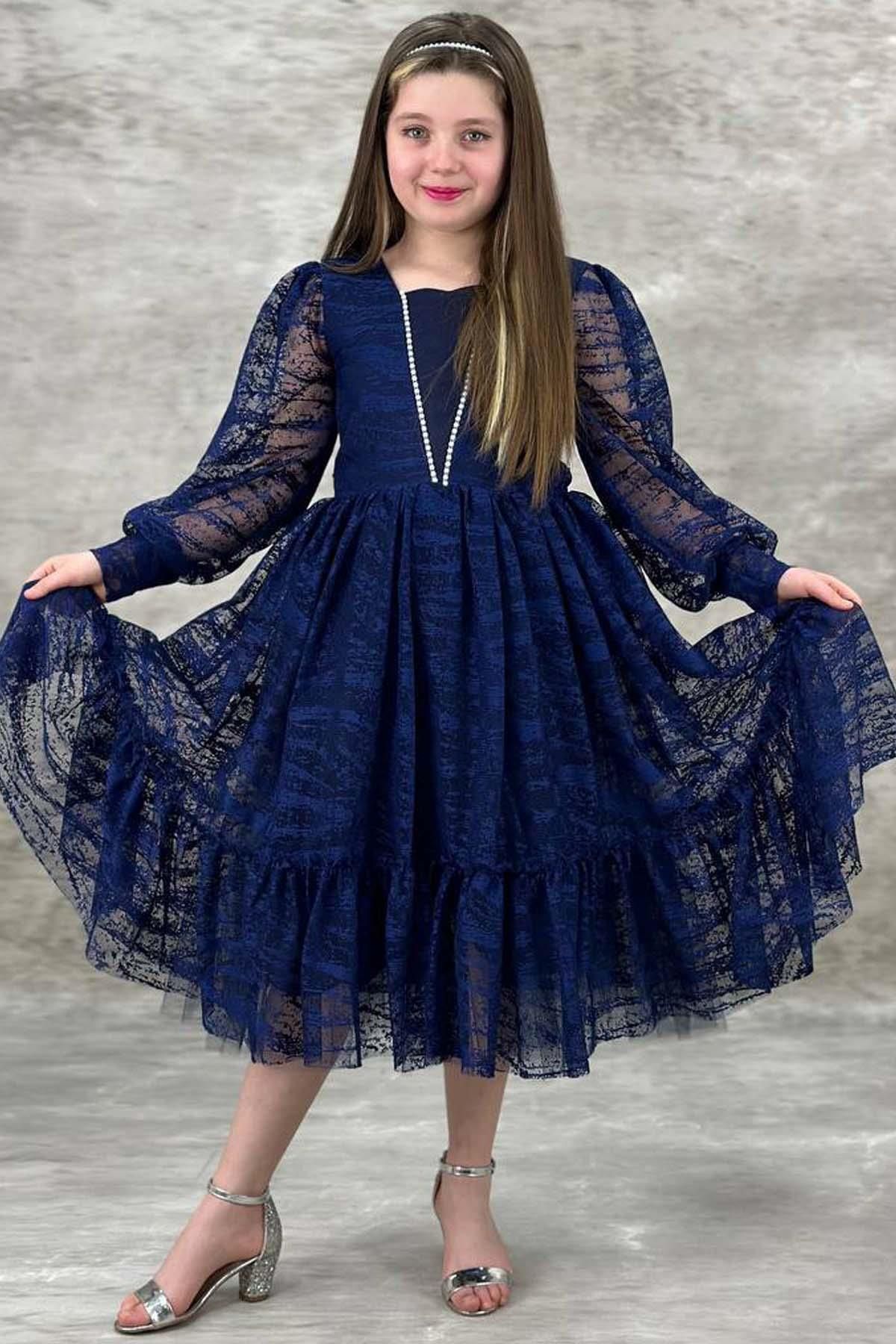 Riccotarz-Girl's Navy Blue Evening Dress with Transparent Sleeves, Pearl Beaded Neck and Ruffled Hem 1