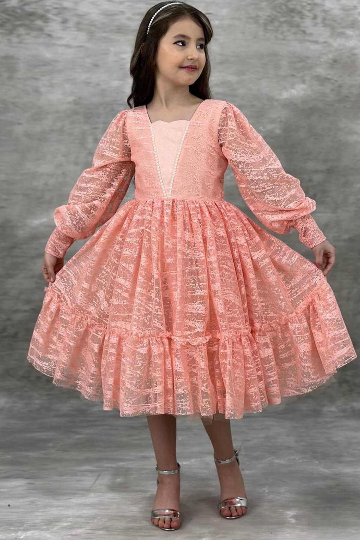 Riccotarz-Girl's Salmon Evening Dress with Transparent Sleeves, Pearl Beaded Neck and Ruffled Hem 1