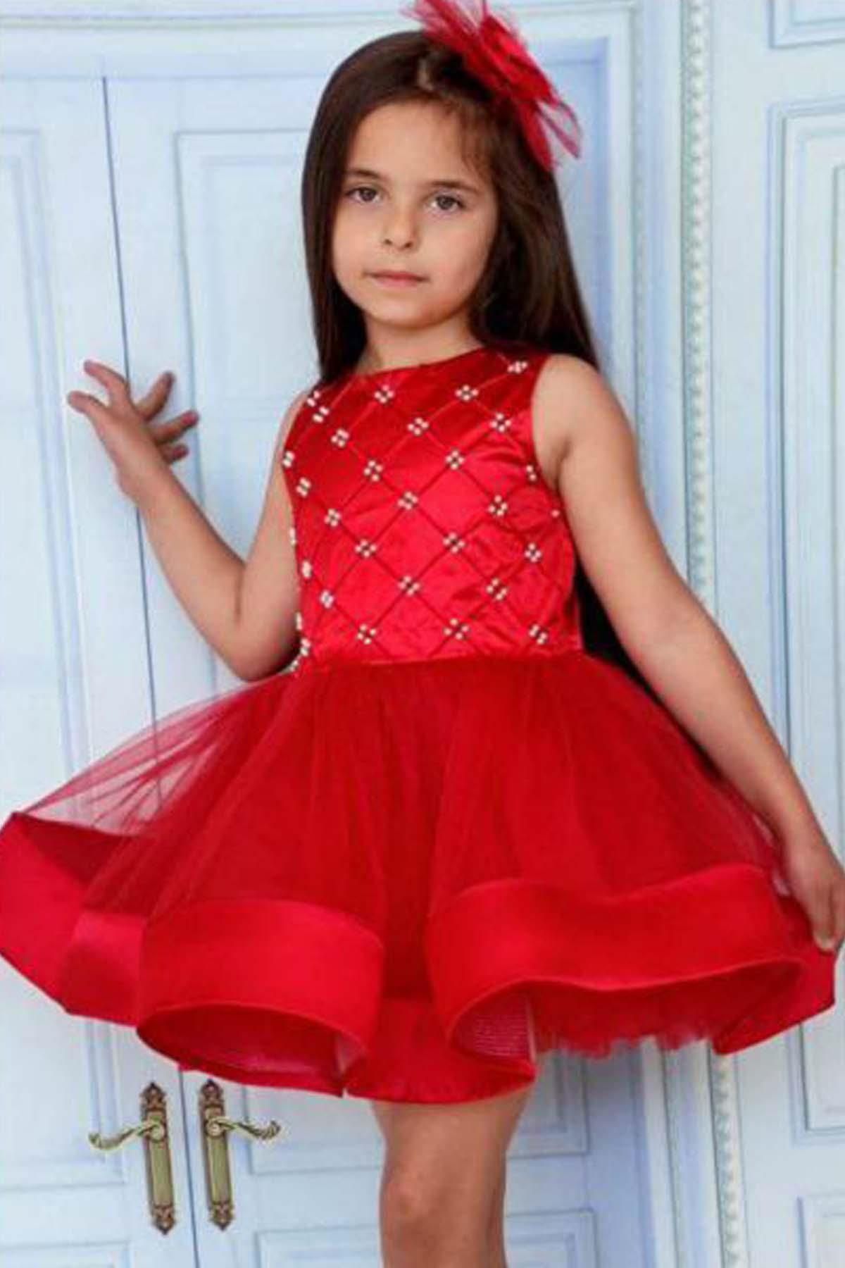 Riccotarz-Girl's Red Evening Dress with Pearl Beads and Skirt Tip Ribbon Detail 4