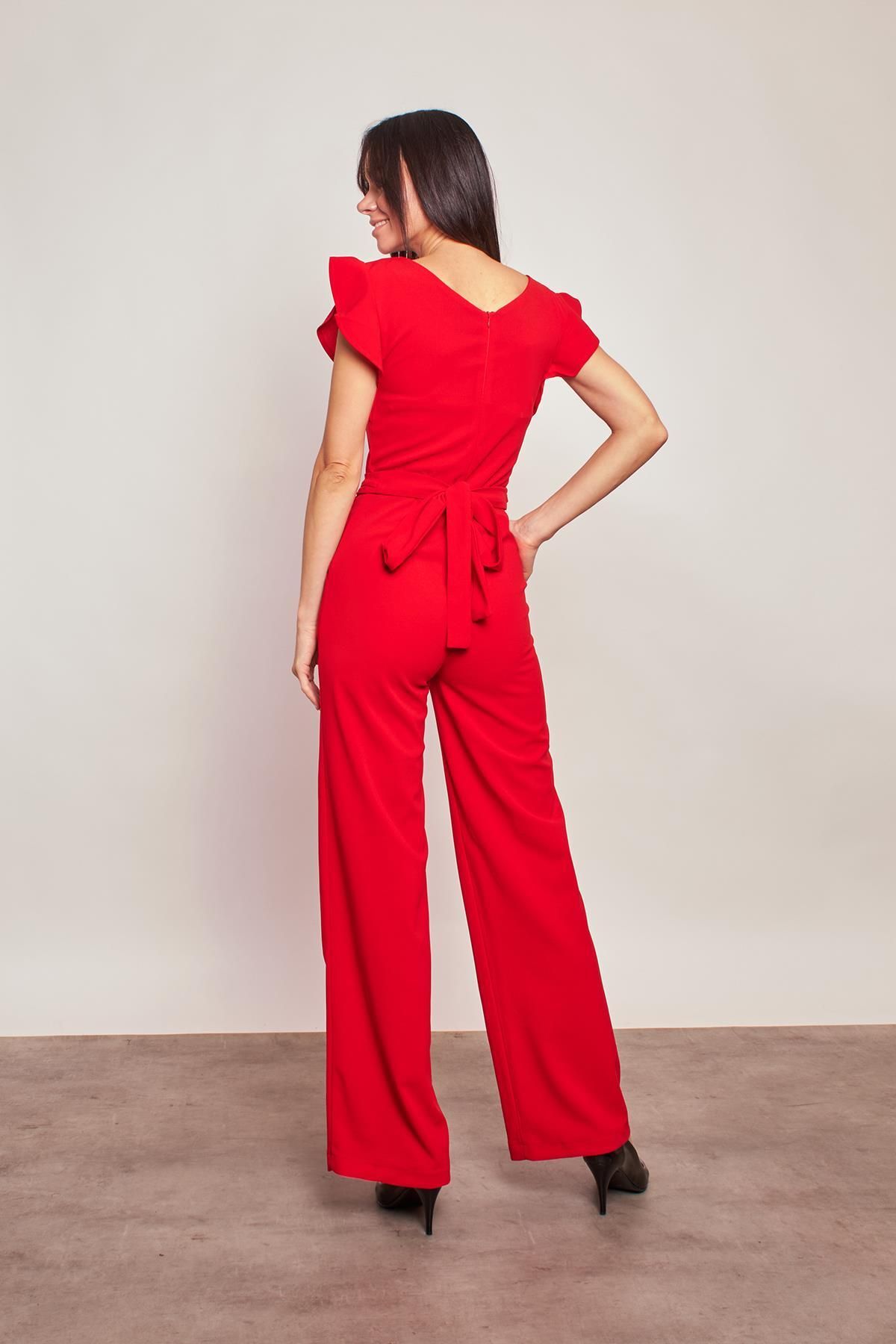 Jument-Stylish Office Evening Dress Jumpsuit with Lycra Thick Crepe Fabric Sleeves and Frilly Accessories - Red 2