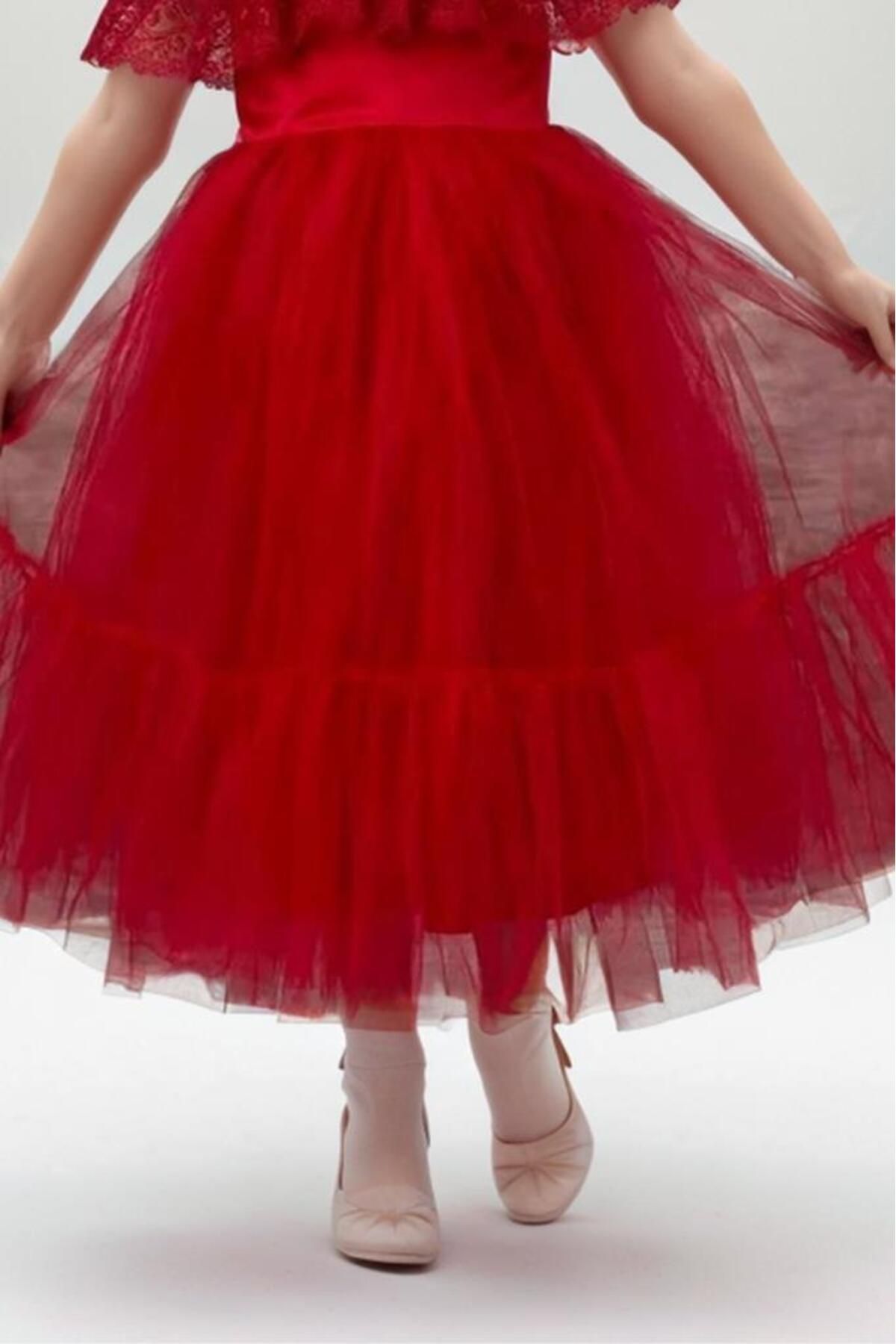 Riccotarz-Girl's Red Evening Dress with Transparent Collar, Off-the-Shoulder, and Guipure Embroidered Sleeves 8