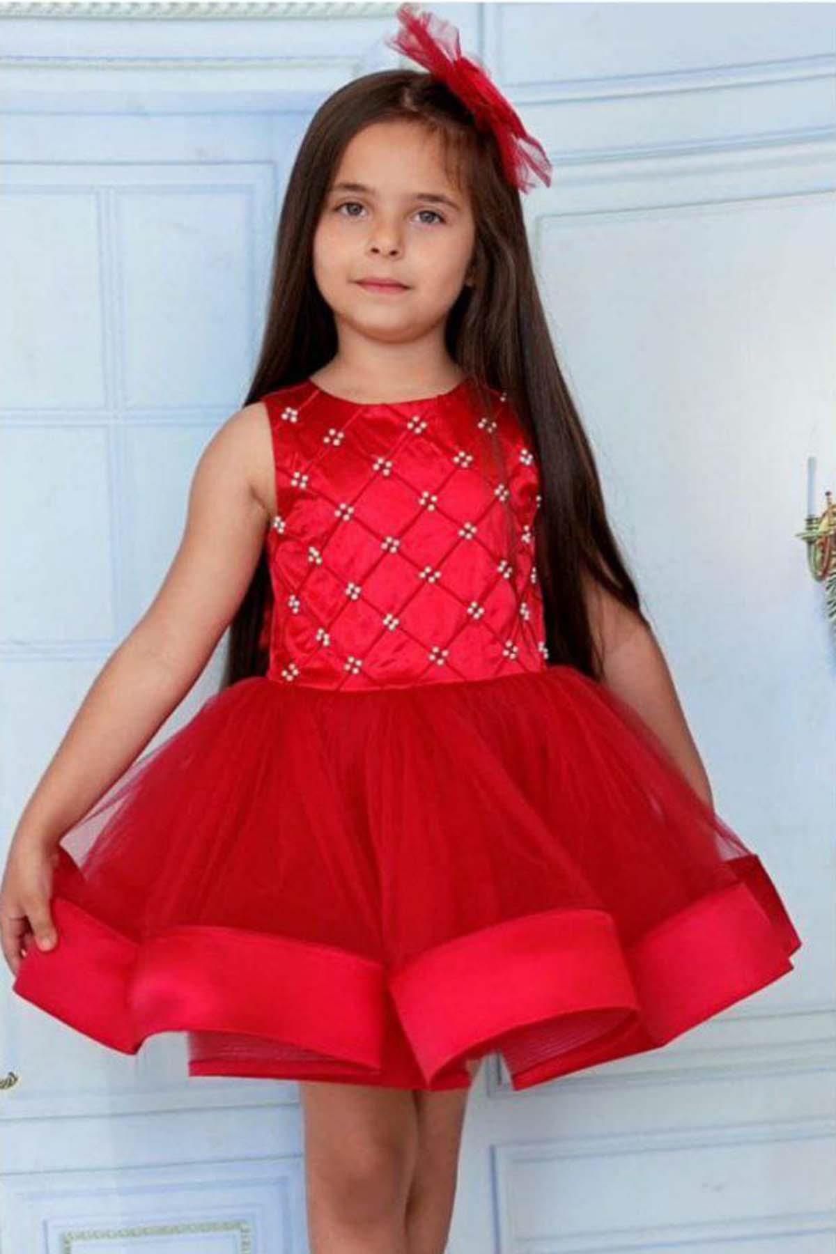 Riccotarz-Girl's Red Evening Dress with Pearl Beads and Skirt Tip Ribbon Detail 1