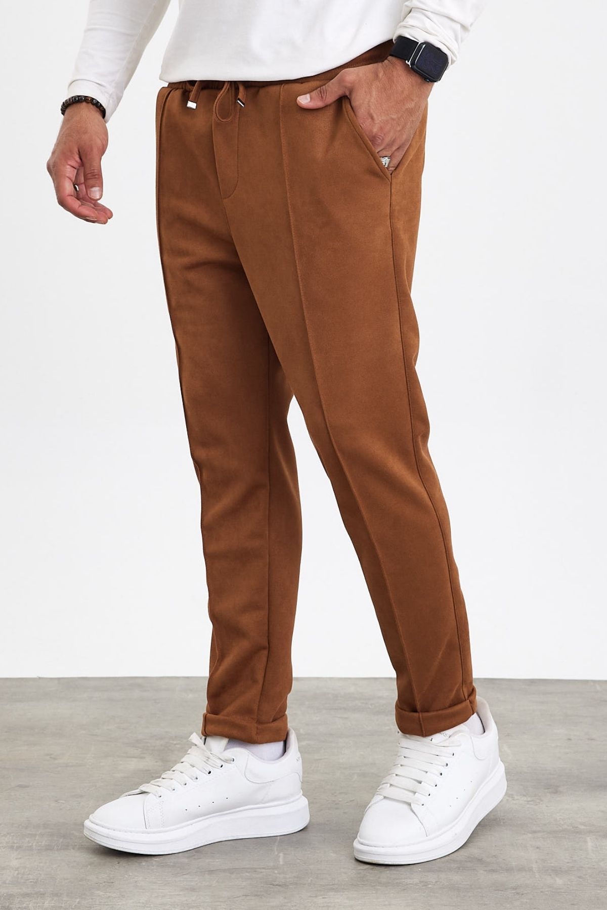 MADZEYMODA-New Season Men's Suede Double Leg Grass Detailed Cinnamon Color Trousers Mz22036 2