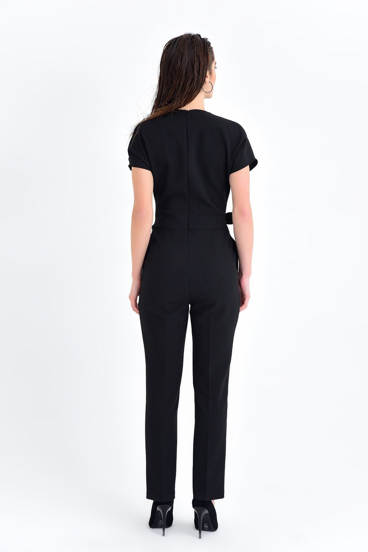 Jument-Shawl Collar Off-Shoulder Lace-Up Ankle Length Jumpsuit - black 6