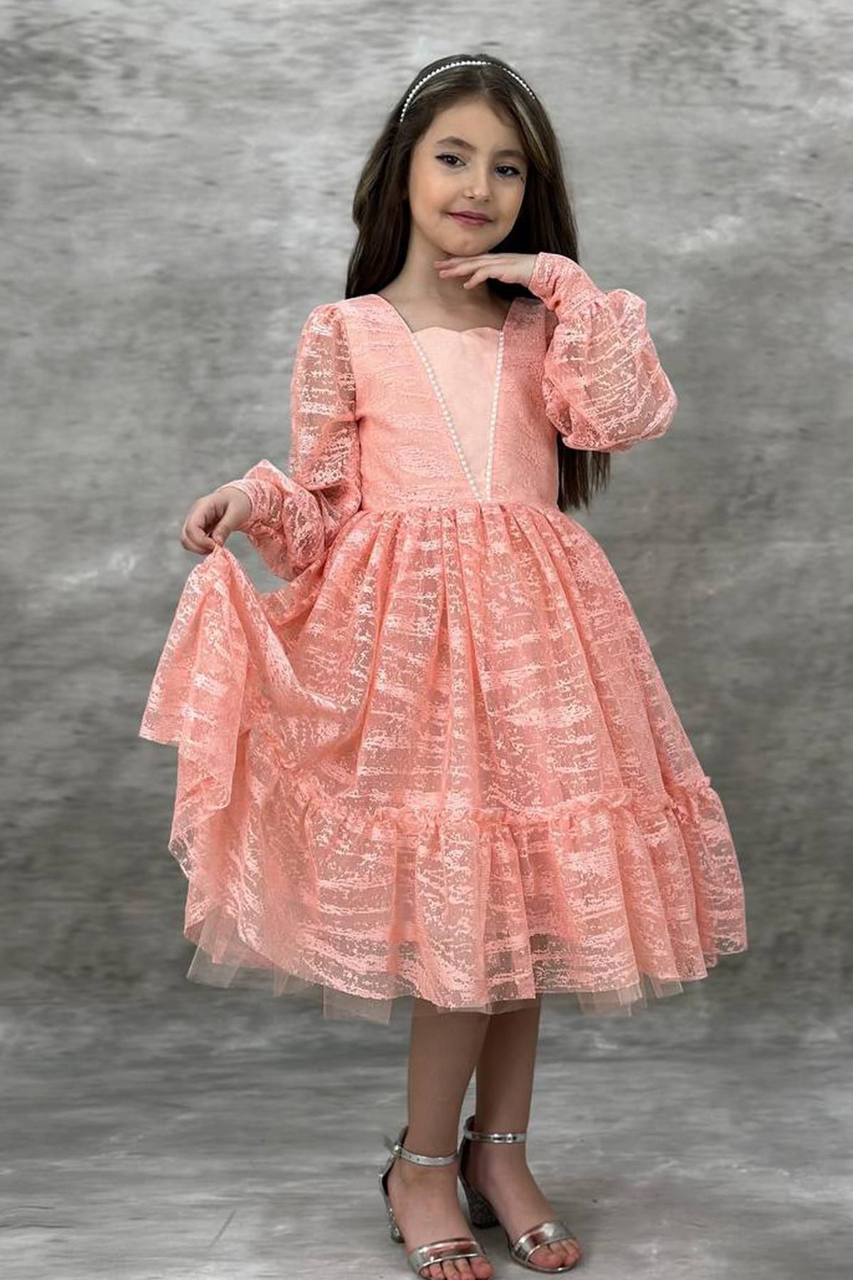 Riccotarz-Girl's Salmon Evening Dress with Transparent Sleeves, Pearl Beaded Neck and Ruffled Hem 4