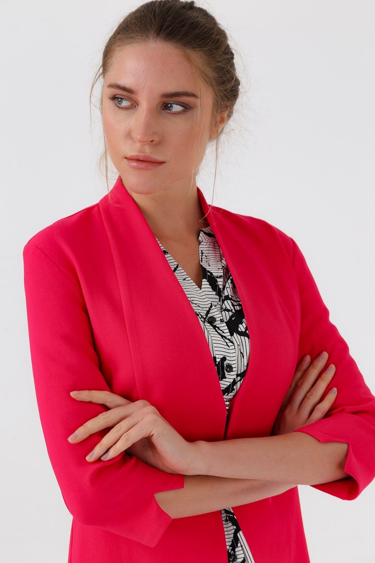 Jument-Magnificent Guler Flato Buzunar Slit Long Blazer Fabric Jachetă-fujaya 4