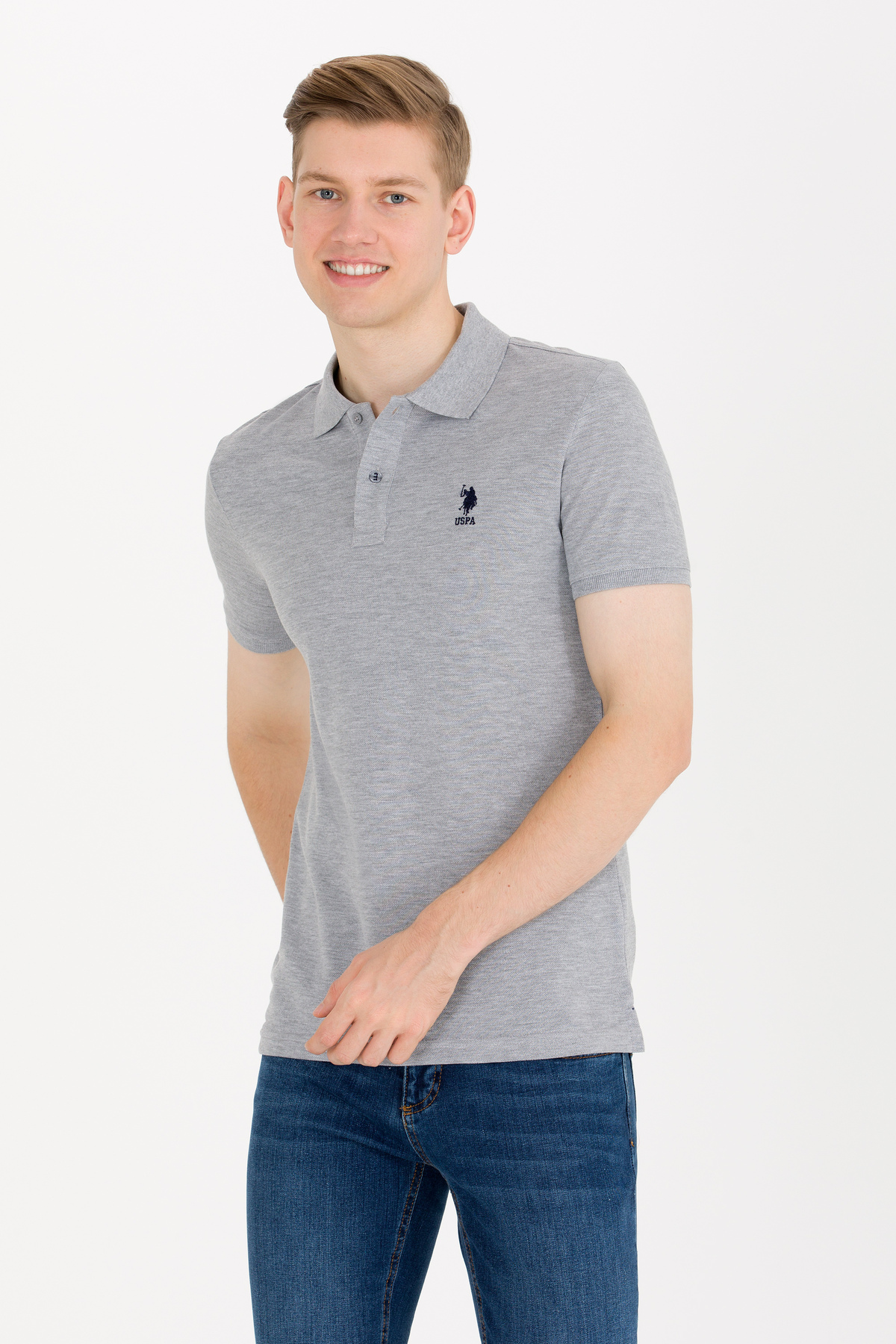 یو اس پولو پولو شرت مردانه طرح ملانژ خاکستری ساده کد ۵۰۲۶۳۲۳۸-VR086