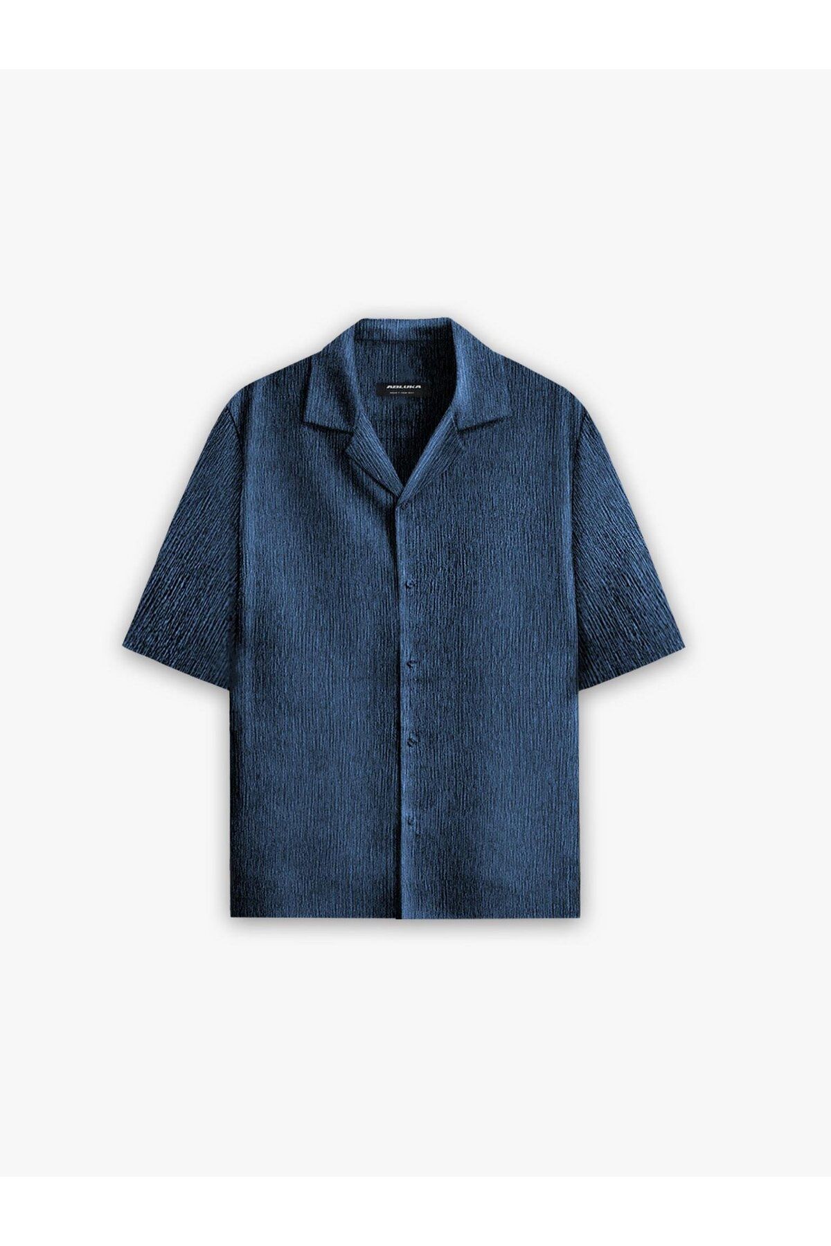 ablukaonline-Indigo Men's Shirt - Long Fit, Stretchy Seersucker, Cuban Collar 1